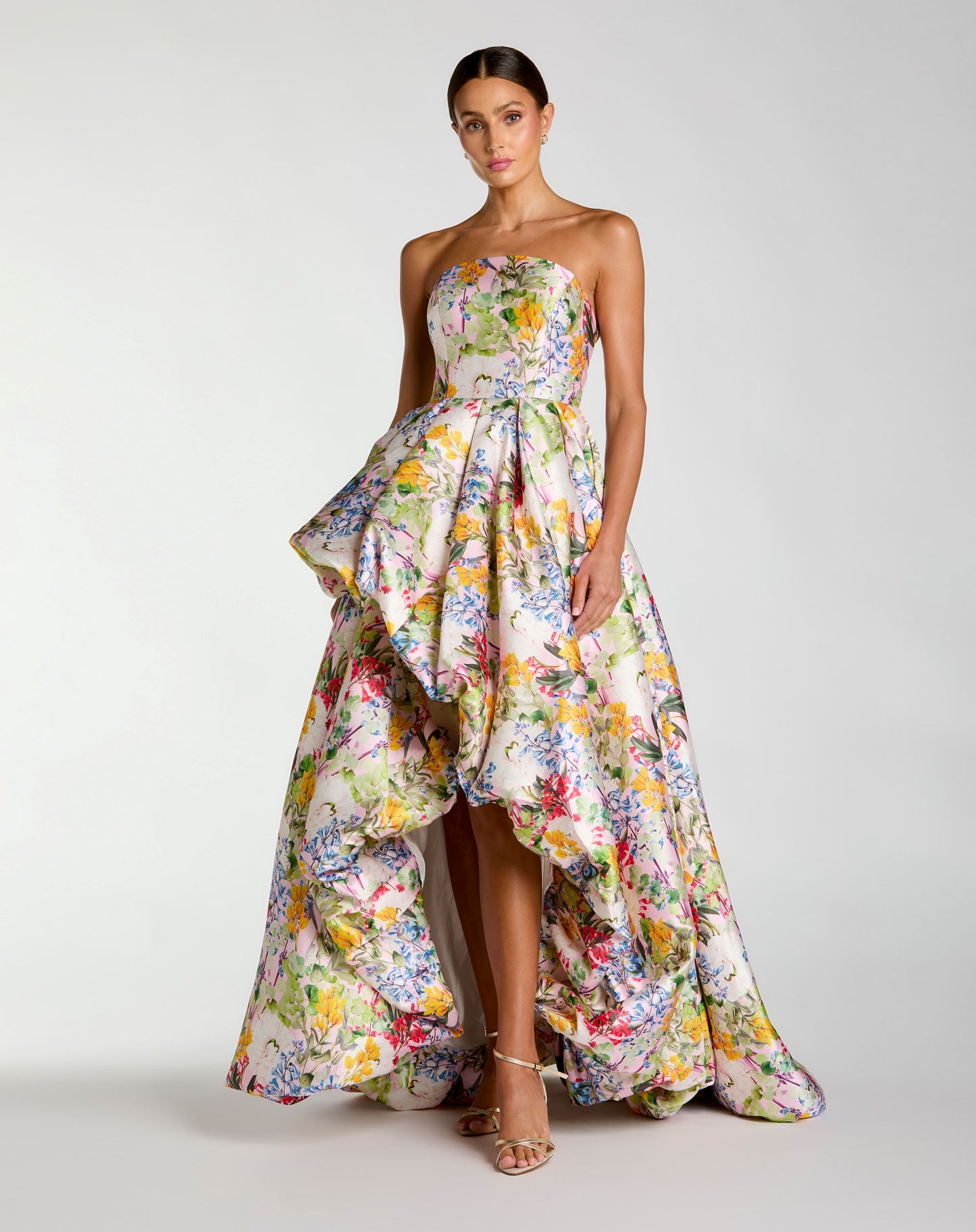Multicolor Strapless Floral High Low Bubble Hem Gown - Mac Duggal