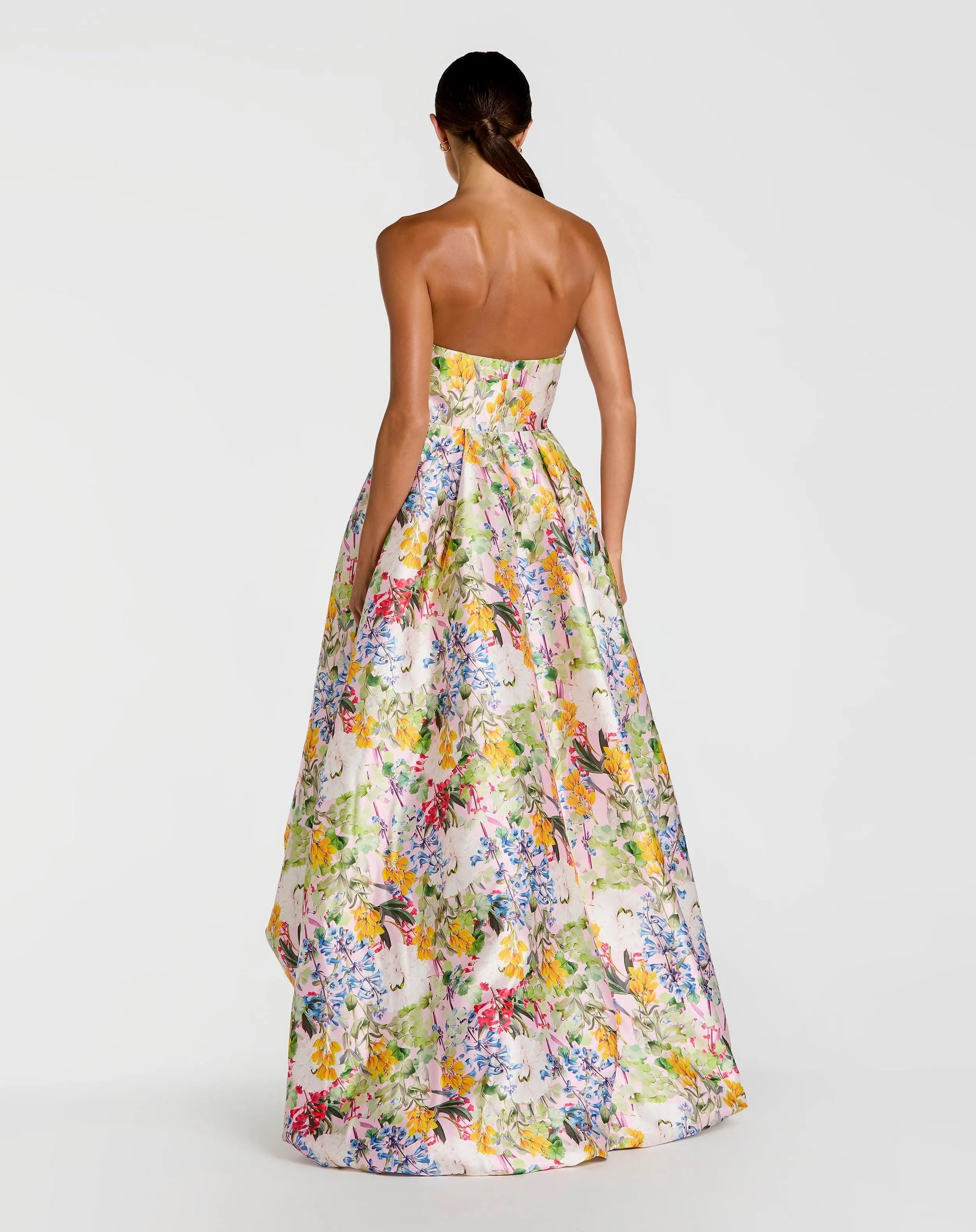 Multicolor Strapless Floral High Low Bubble Hem Gown | Mac Duggal Multicolor Strapless Floral High Low Bubble Hem Gown | Mac Duggal
