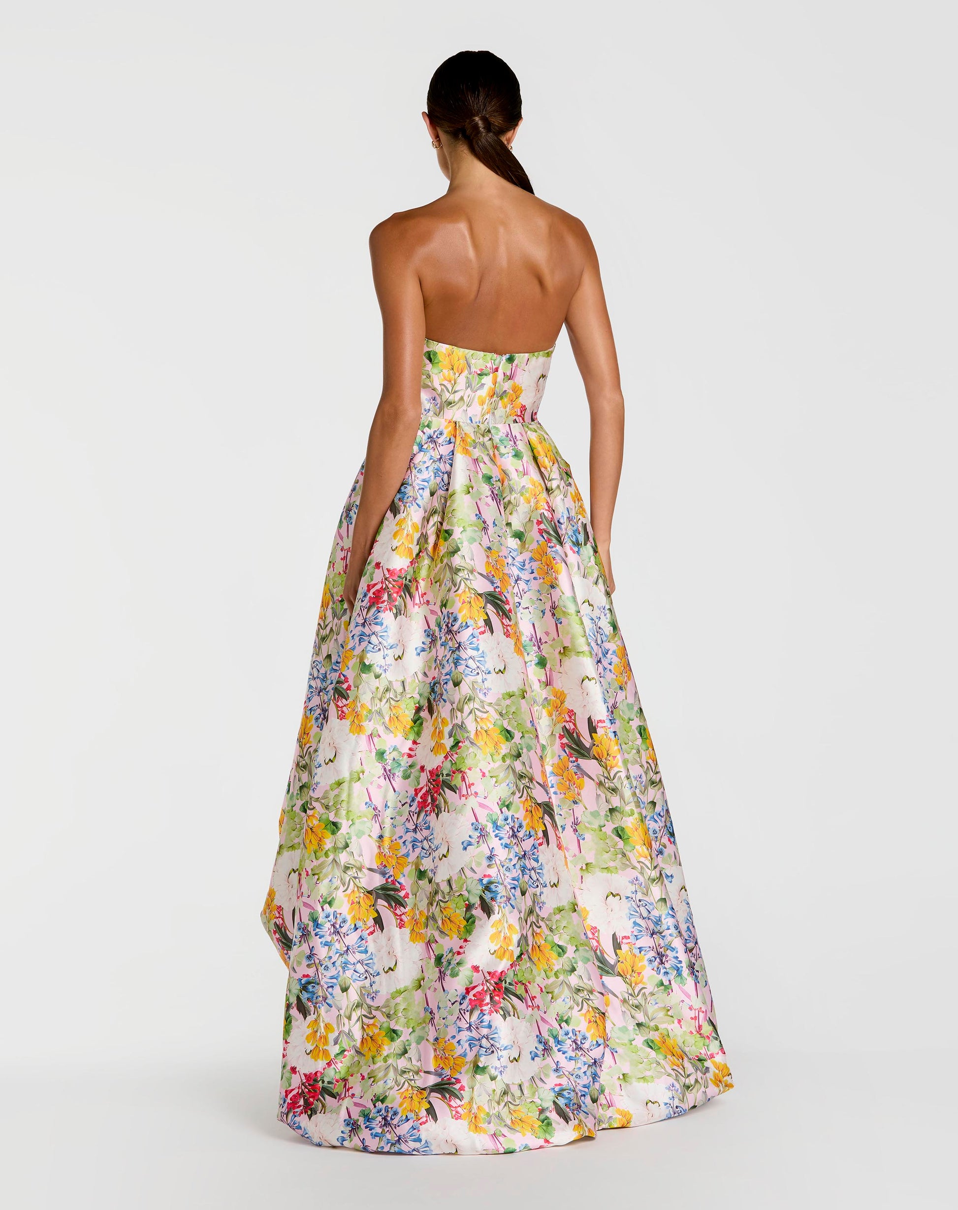 Multicolor Strapless Floral High Low Bubble Hem Gown - Mac Duggal