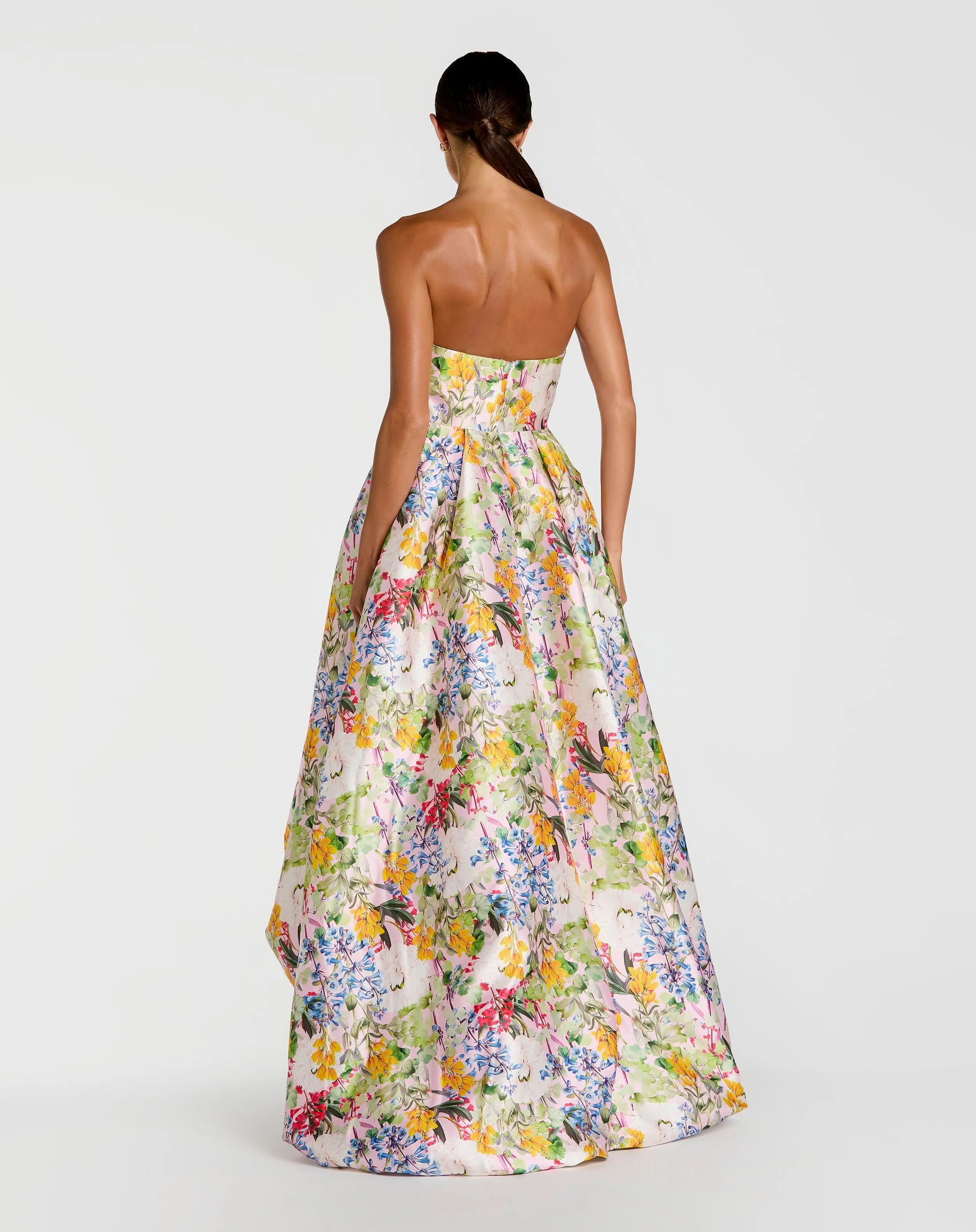 Multicolor Strapless Floral High Low Bubble Hem Gown - Mac Duggal