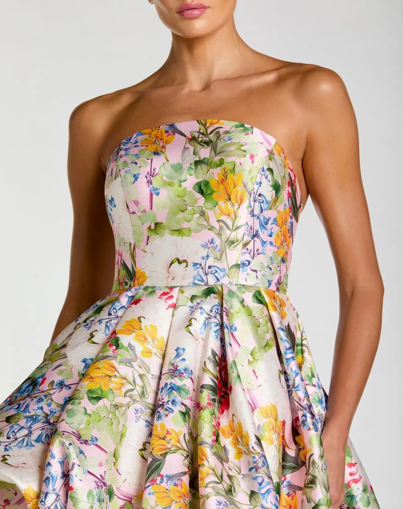 Multicolor Strapless Floral High Low Bubble Hem Gown | Mac Duggal Multicolor Strapless Floral High Low Bubble Hem Gown | Mac Duggal