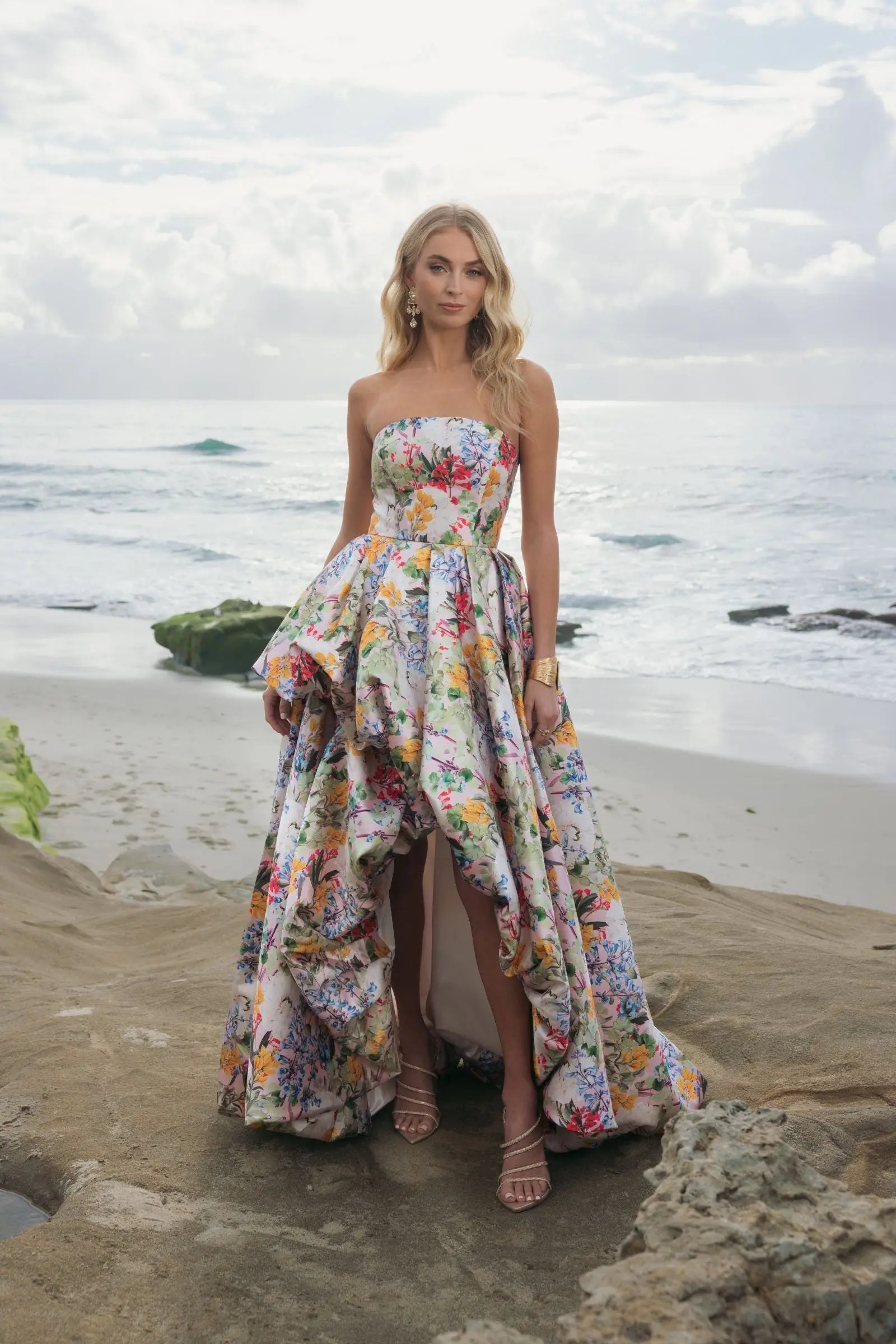 Multicolor Strapless Floral High Low Bubble Hem Gown | Mac Duggal Multicolor Strapless Floral High Low Bubble Hem Gown | Mac Duggal