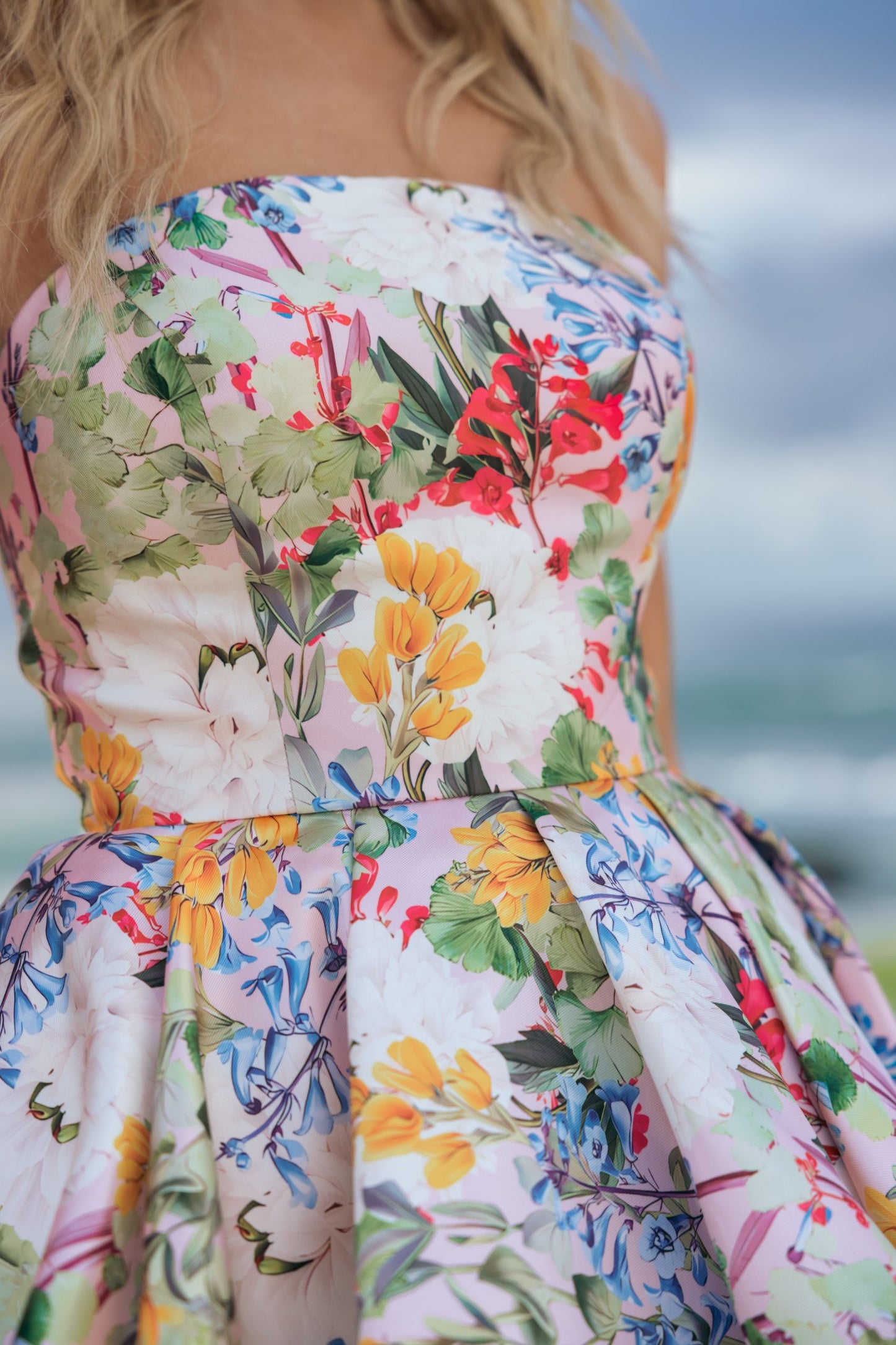 Multicolor Strapless Floral High Low Bubble Hem Gown - Mac Duggal