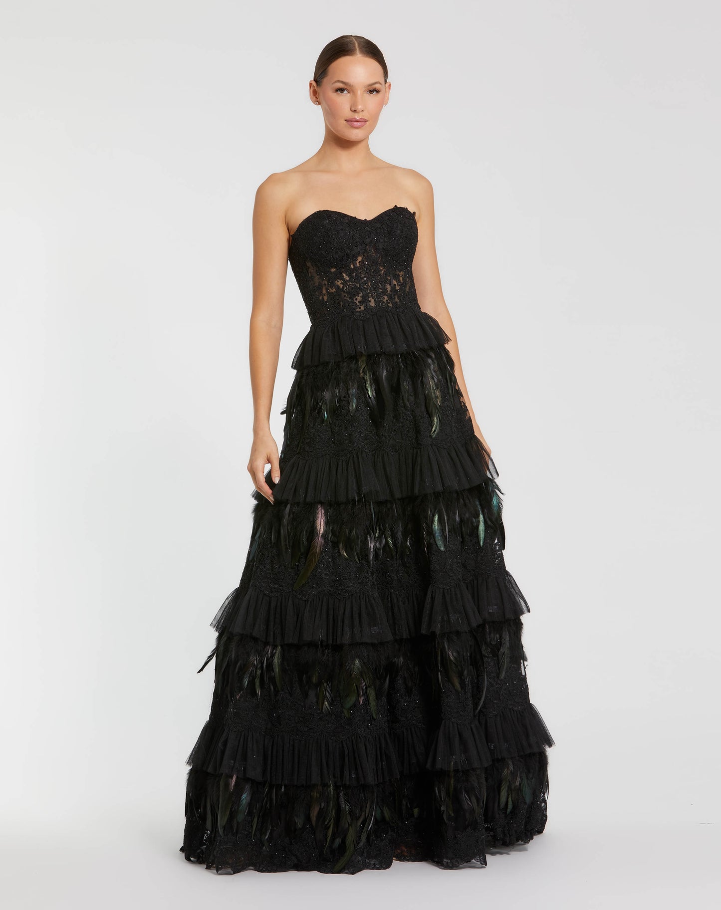 Black Strapless Sweetheart Lace Tiered Feather Ball Gown - Mac Duggal