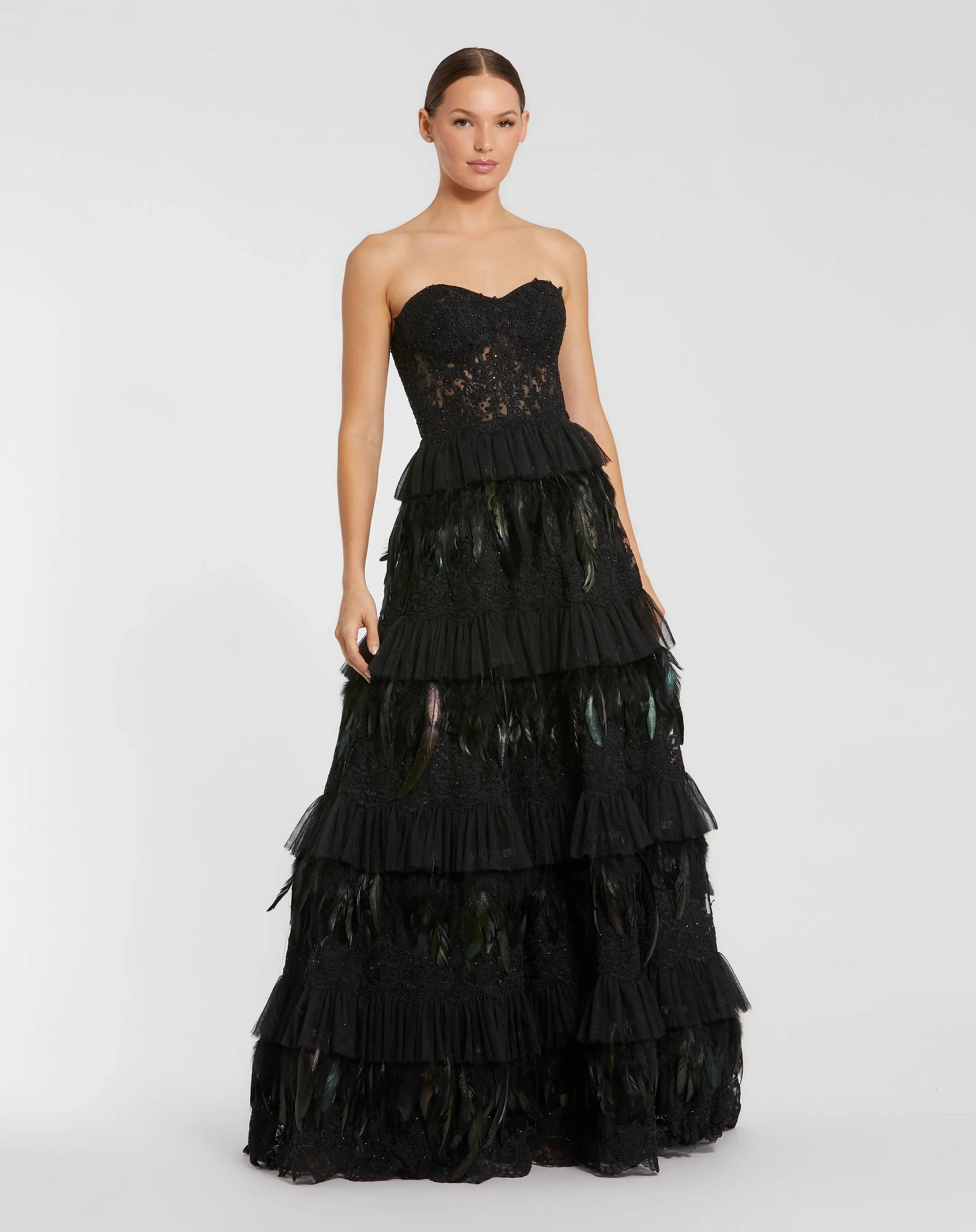 Black Strapless Sweetheart Lace Tiered Feather Ball Gown - Mac Duggal