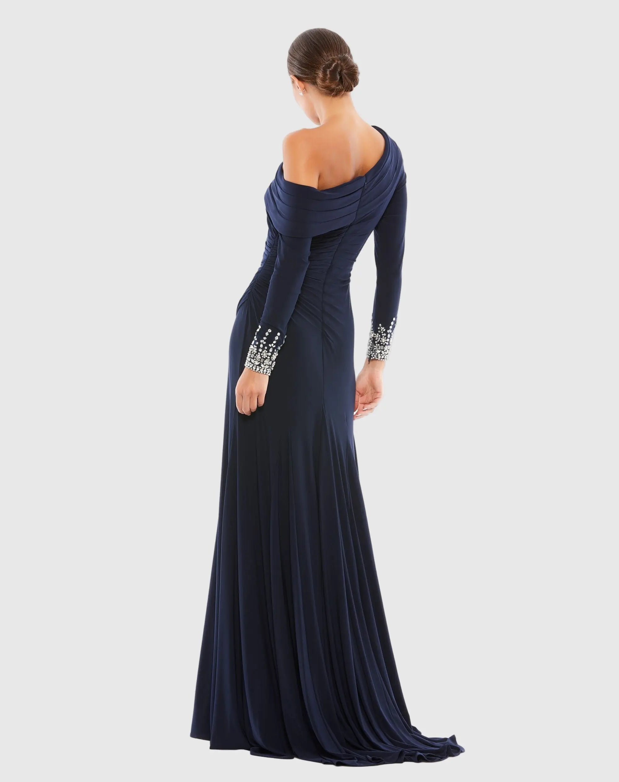 Navy Beaded Cuff Drop Shoulder Faux Wrap Gown Mac Duggal