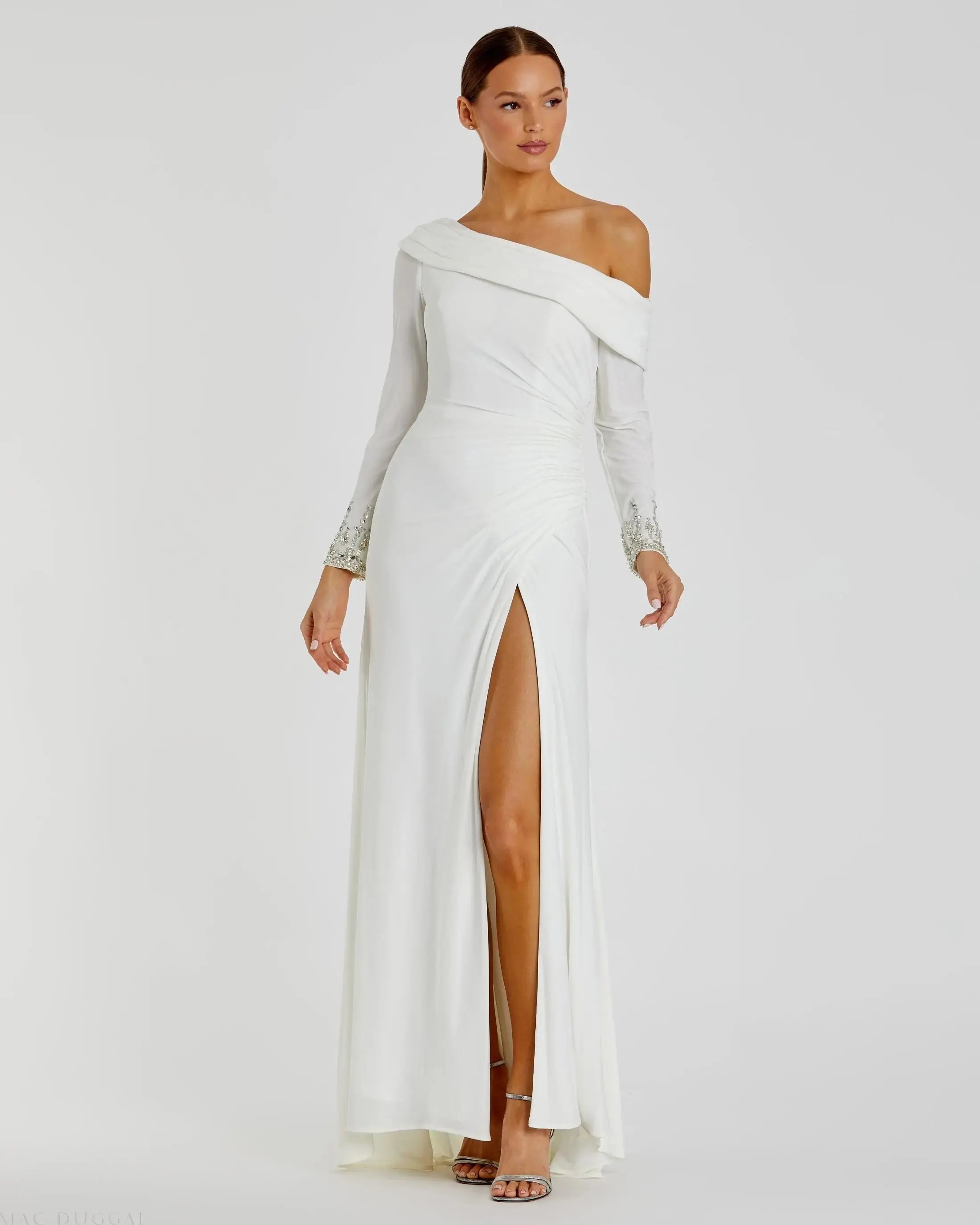 White Beaded Cuff Drop Shoulder Faux Wrap Gown - Mac Duggal