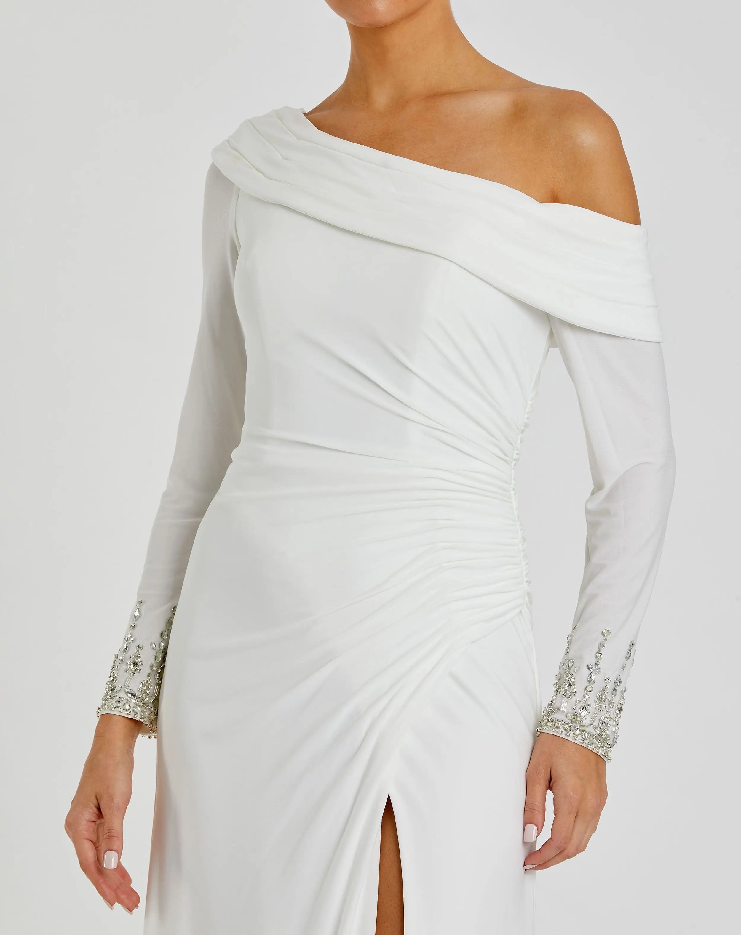 White Beaded Cuff Drop Shoulder Faux Wrap Gown - Mac Duggal