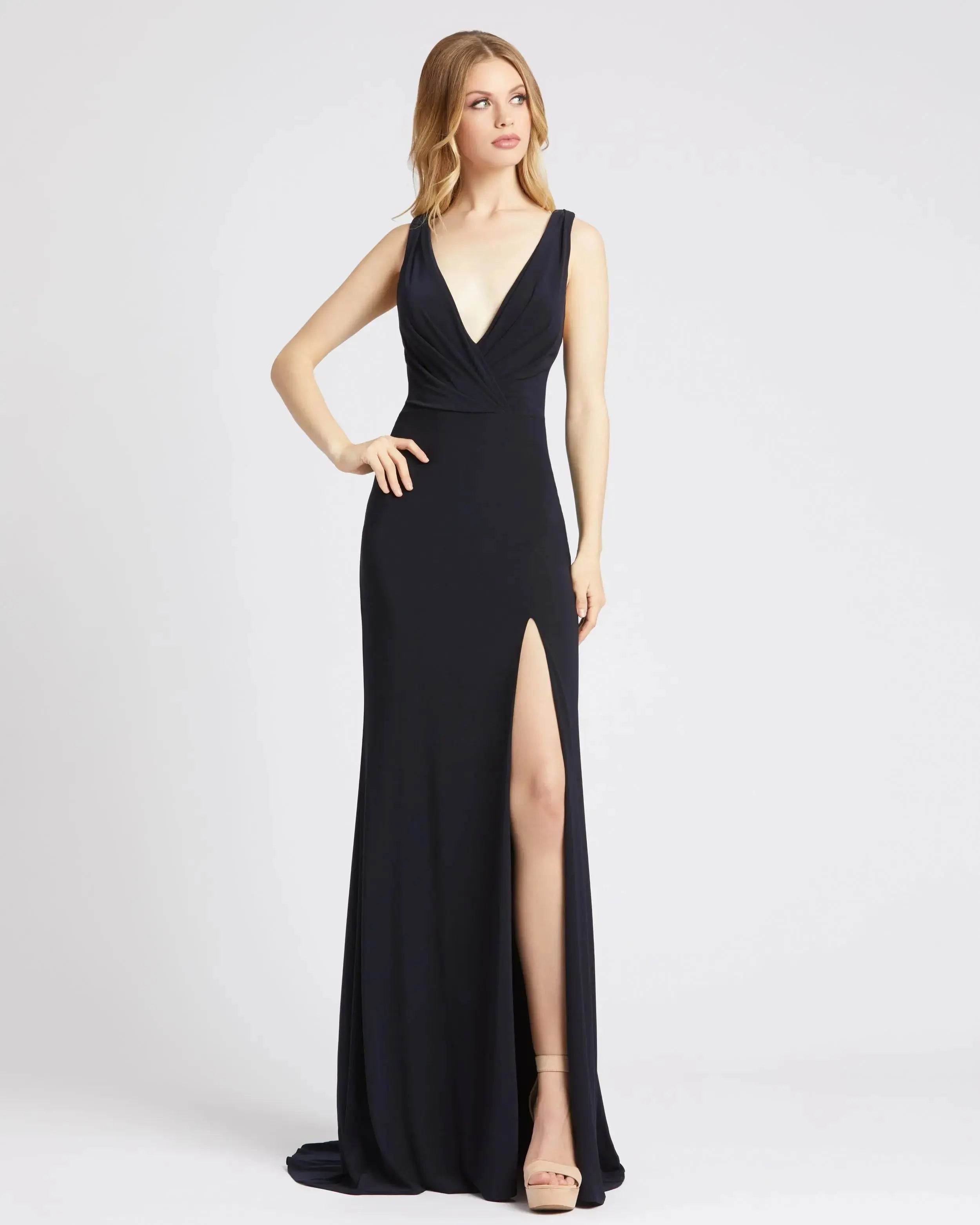 Navy Sleeveless V Neck Jersey Gown Ieena for Mac Duggal