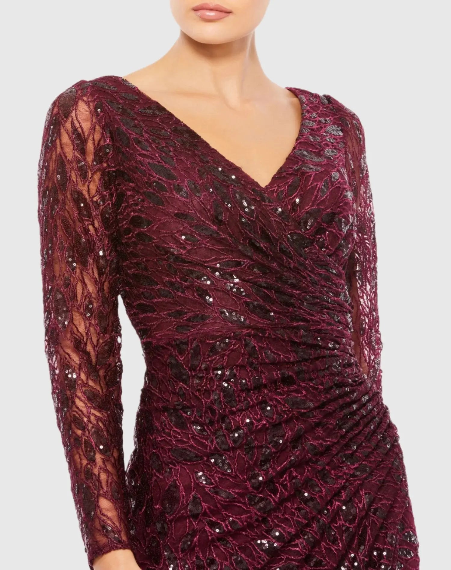 Red Long Sleeve Ruched Sequined V-Neck Gown Mac Duggal