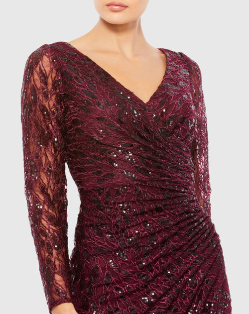 Long Sleeve Ruched Sequined V-Neck Gown