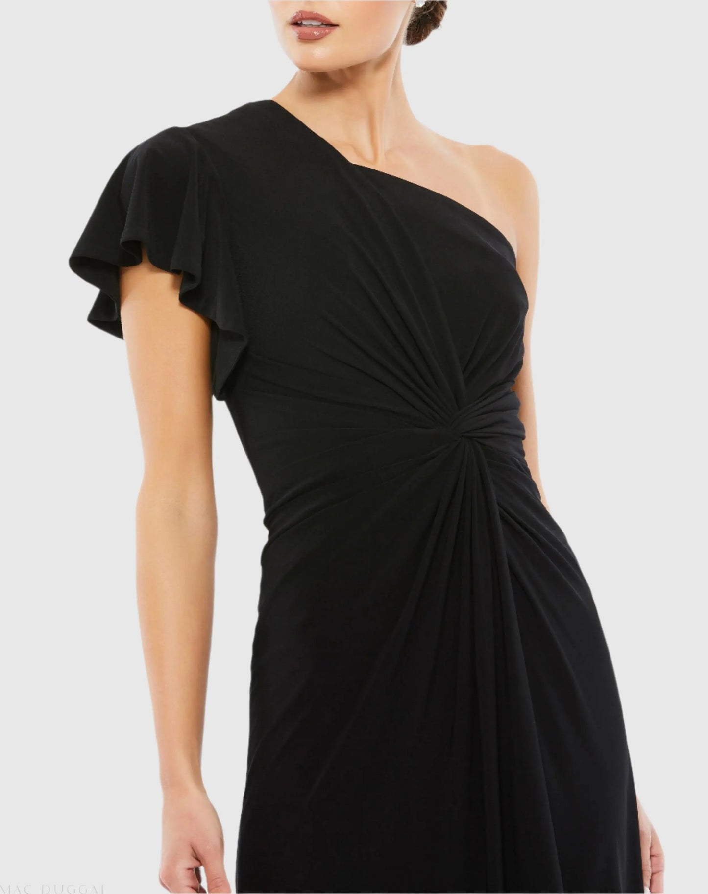 Black One Shoulder Midi Length Jersey Dress - Mac Duggal