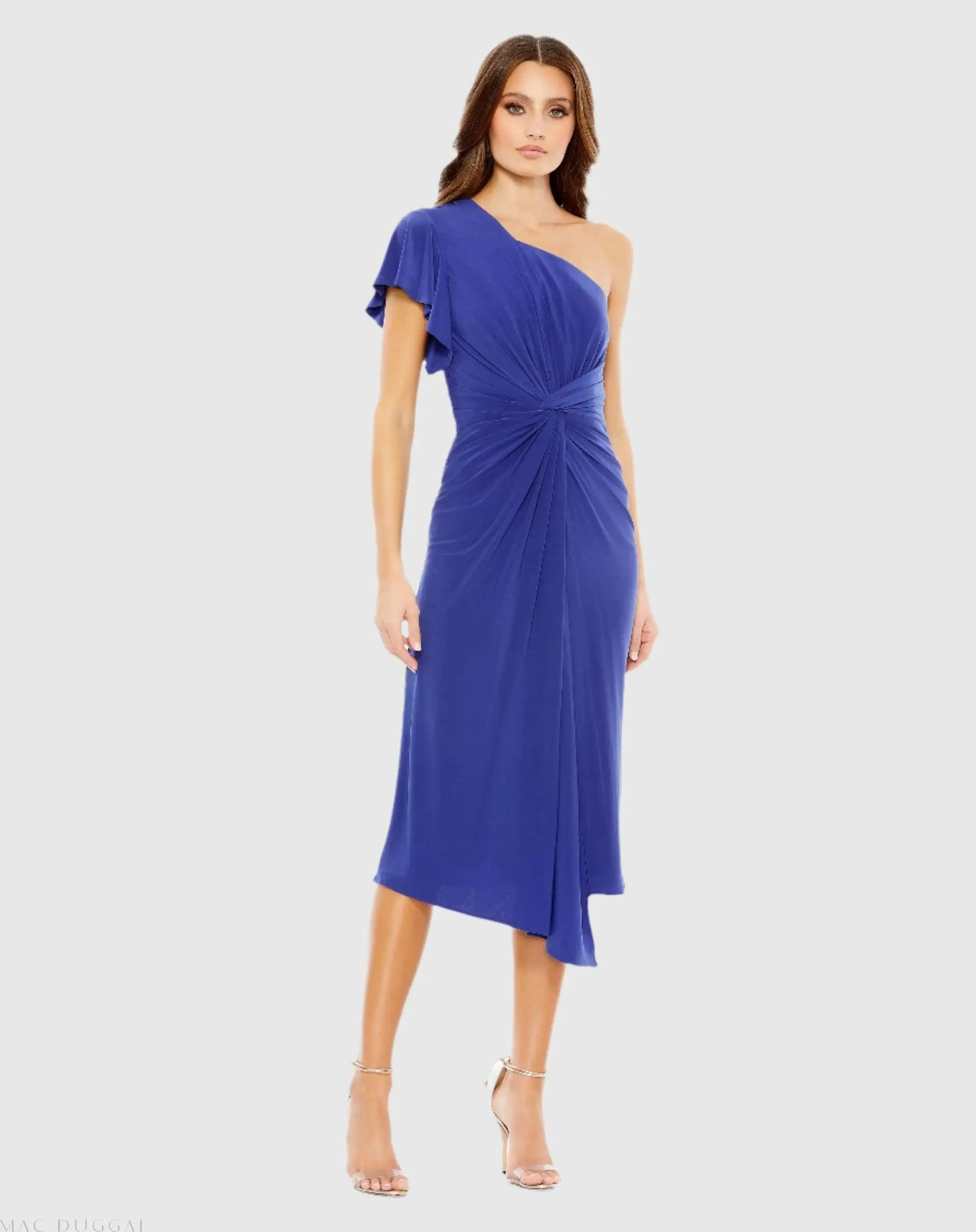 Blue One Shoulder Midi Length Jersey Dress - Mac Duggal Blue One Shoulder Midi Length Jersey Dress - Mac Duggal