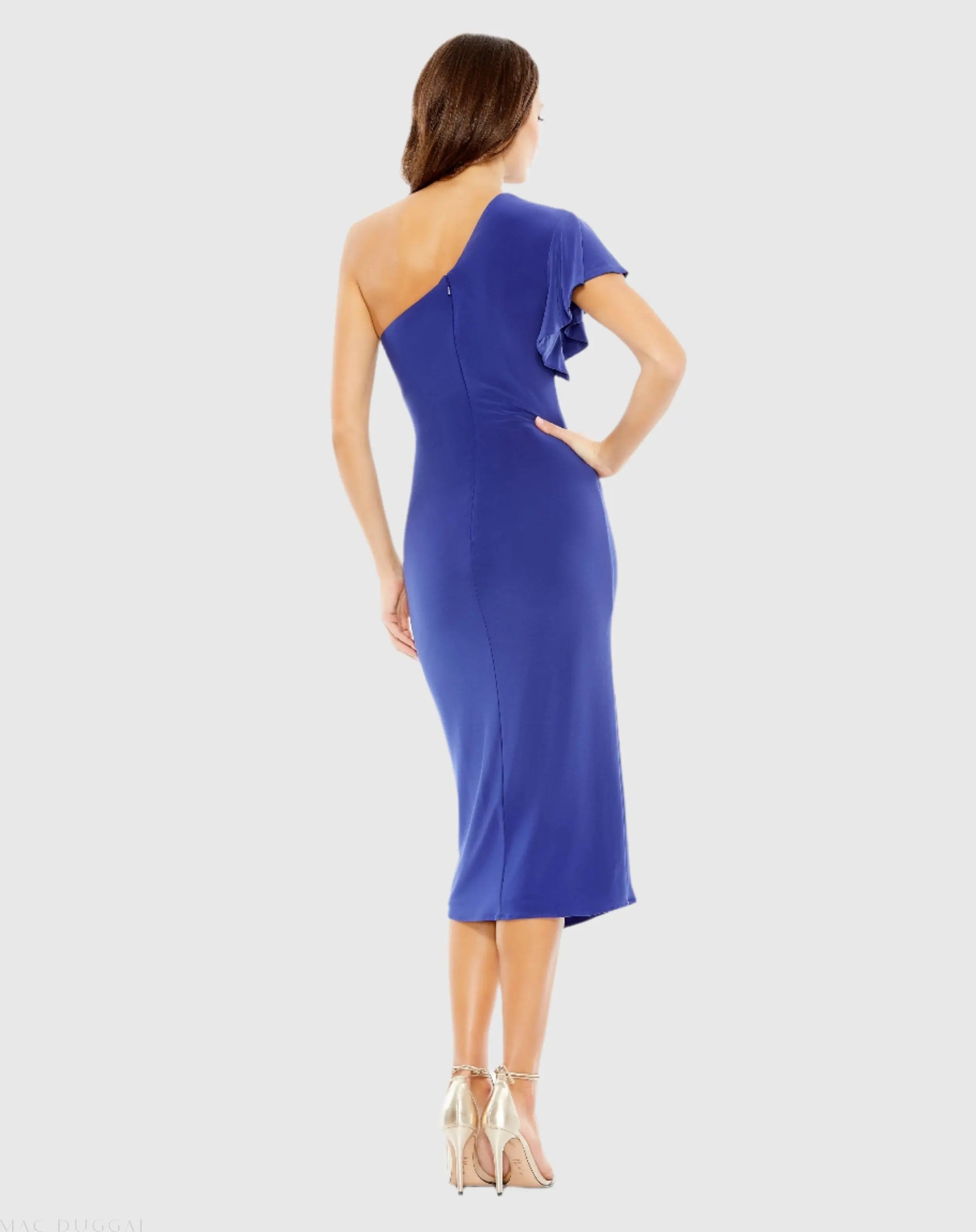 Blue One Shoulder Midi Length Jersey Dress - Mac Duggal Blue One Shoulder Midi Length Jersey Dress - Mac Duggal