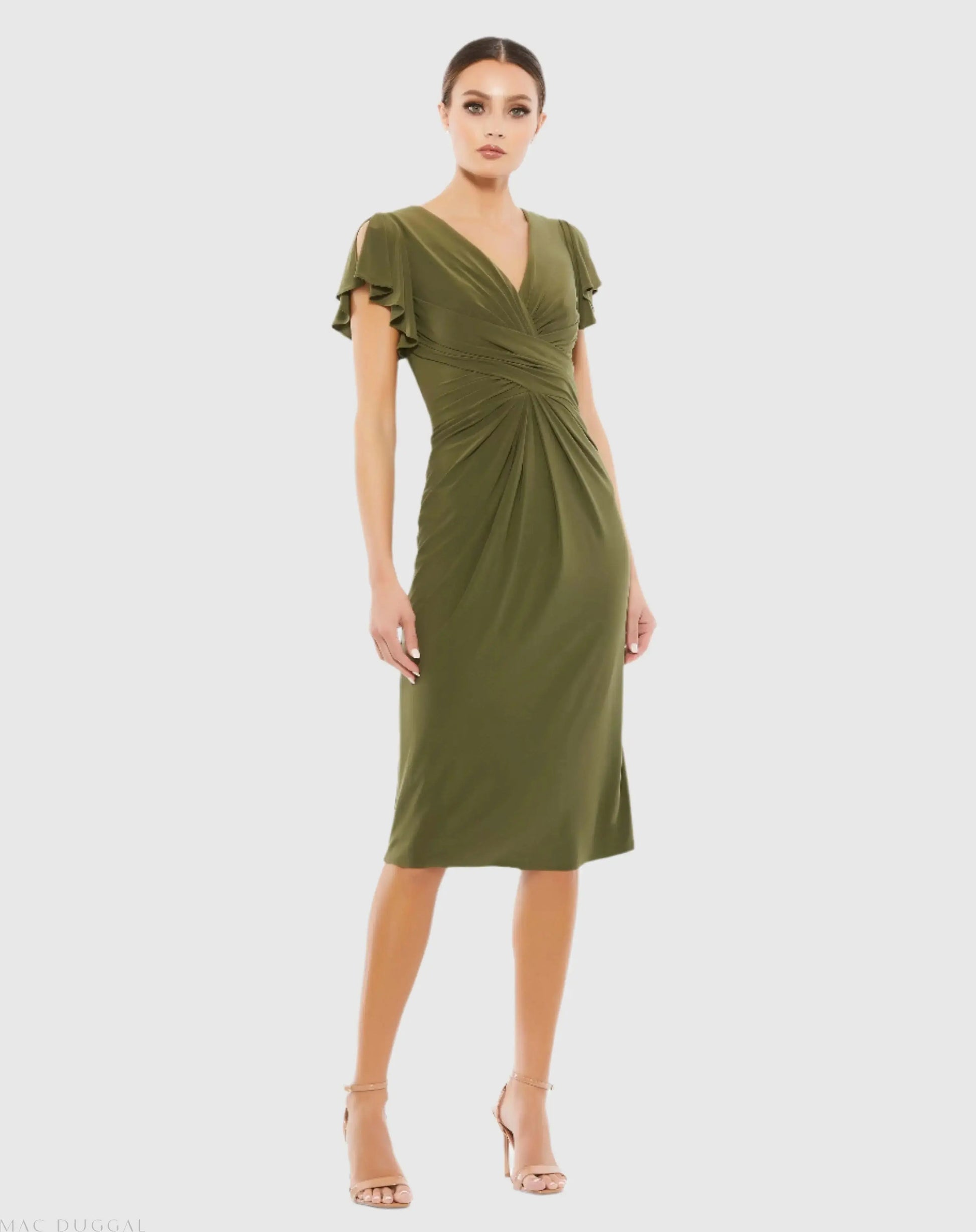Dark Green Flounce Sleeve Midi Dress - Ieena for Mac Duggal