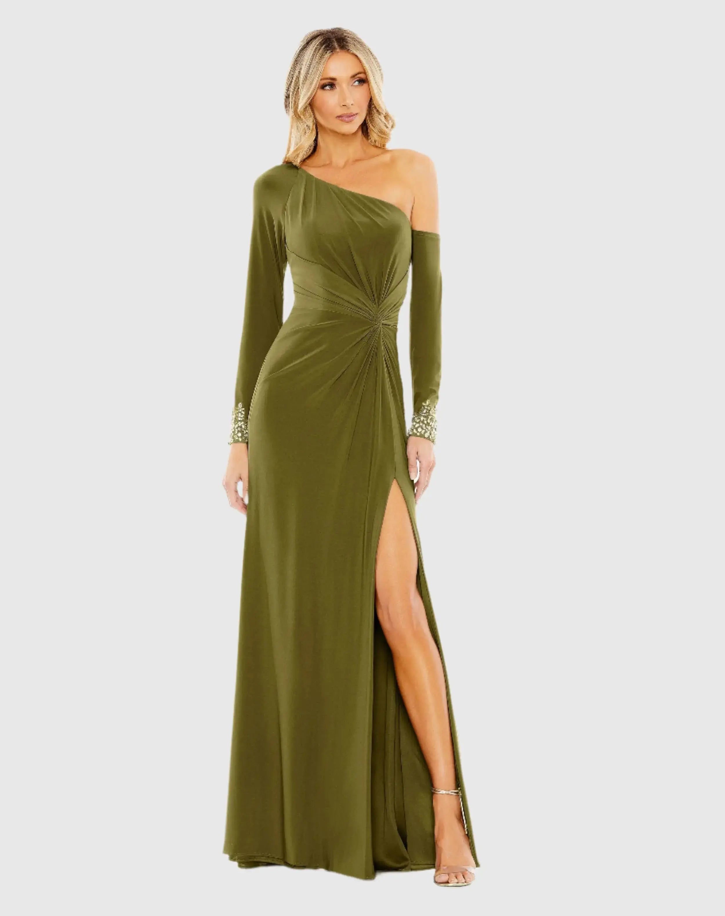 mac duggal off the shoulder beaded fit and flare dress Side Twist Drop Shoulder Beaded Cuff Gown