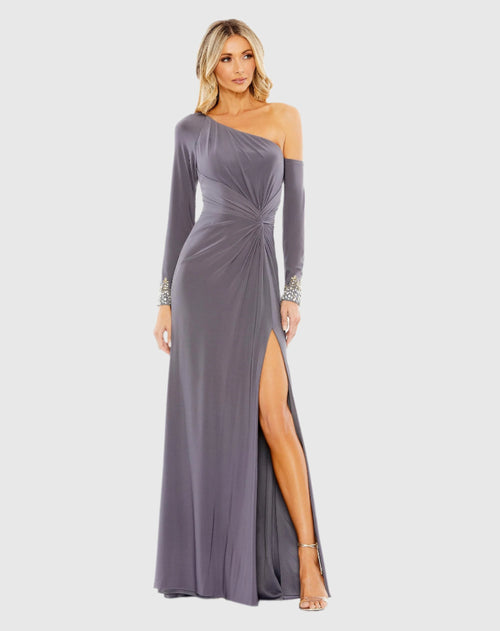 Side Twist Drop Shoulder Beaded Cuff Gown