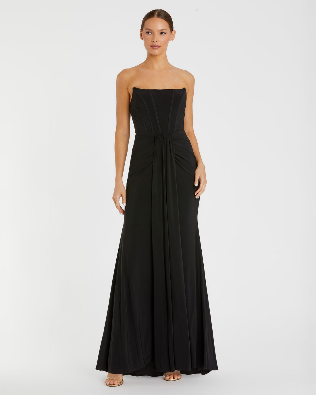 Black Strapless Sweetheart Jersey Gown With Waist Detail