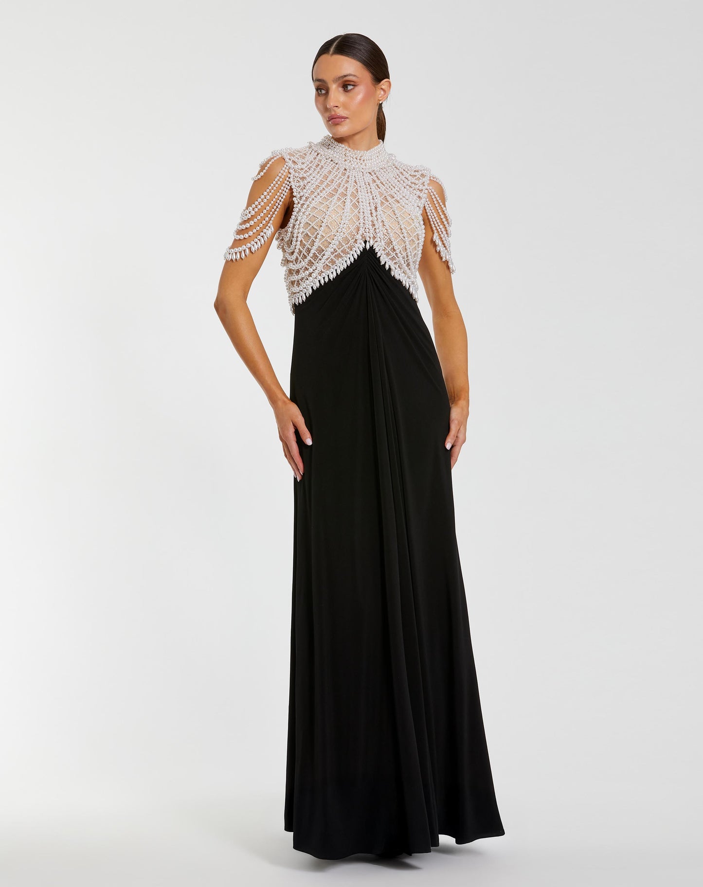 Black Jersey Gown With Draped Pearl Beading Mac Duggal