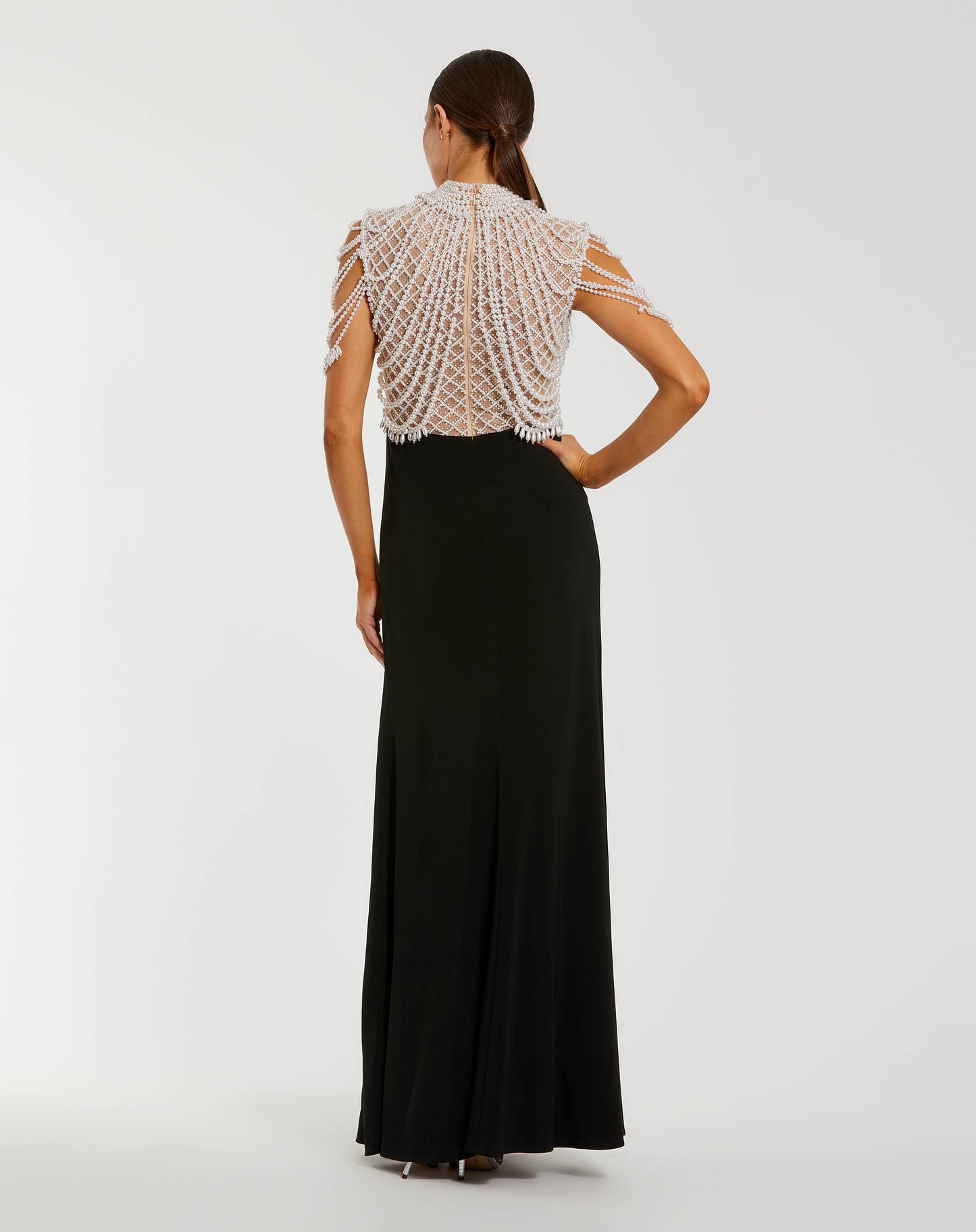 Black Jersey Gown With Draped Pearl Beading Mac Duggal