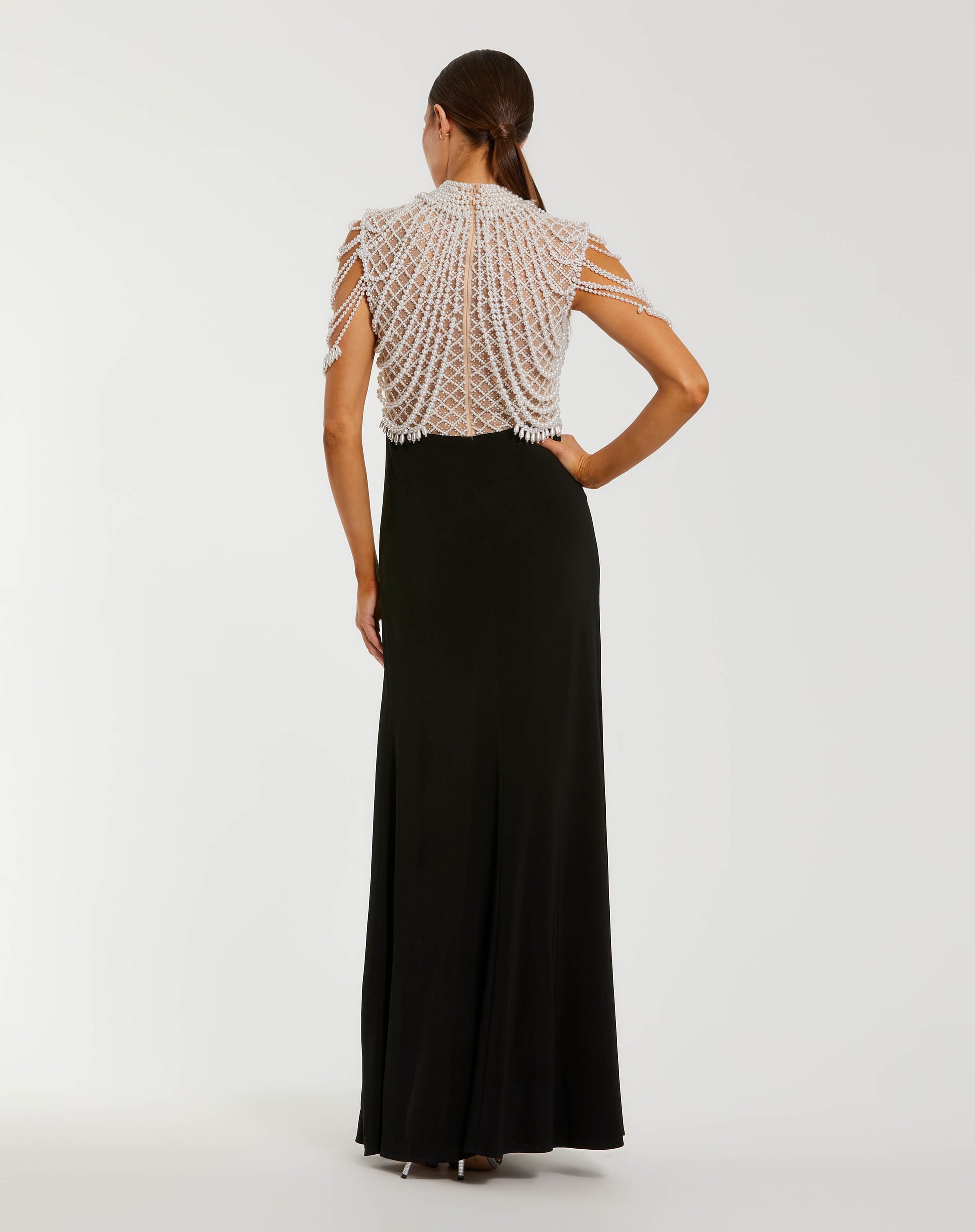 Black Jersey Gown With Draped Pearl Beading Mac Duggal
