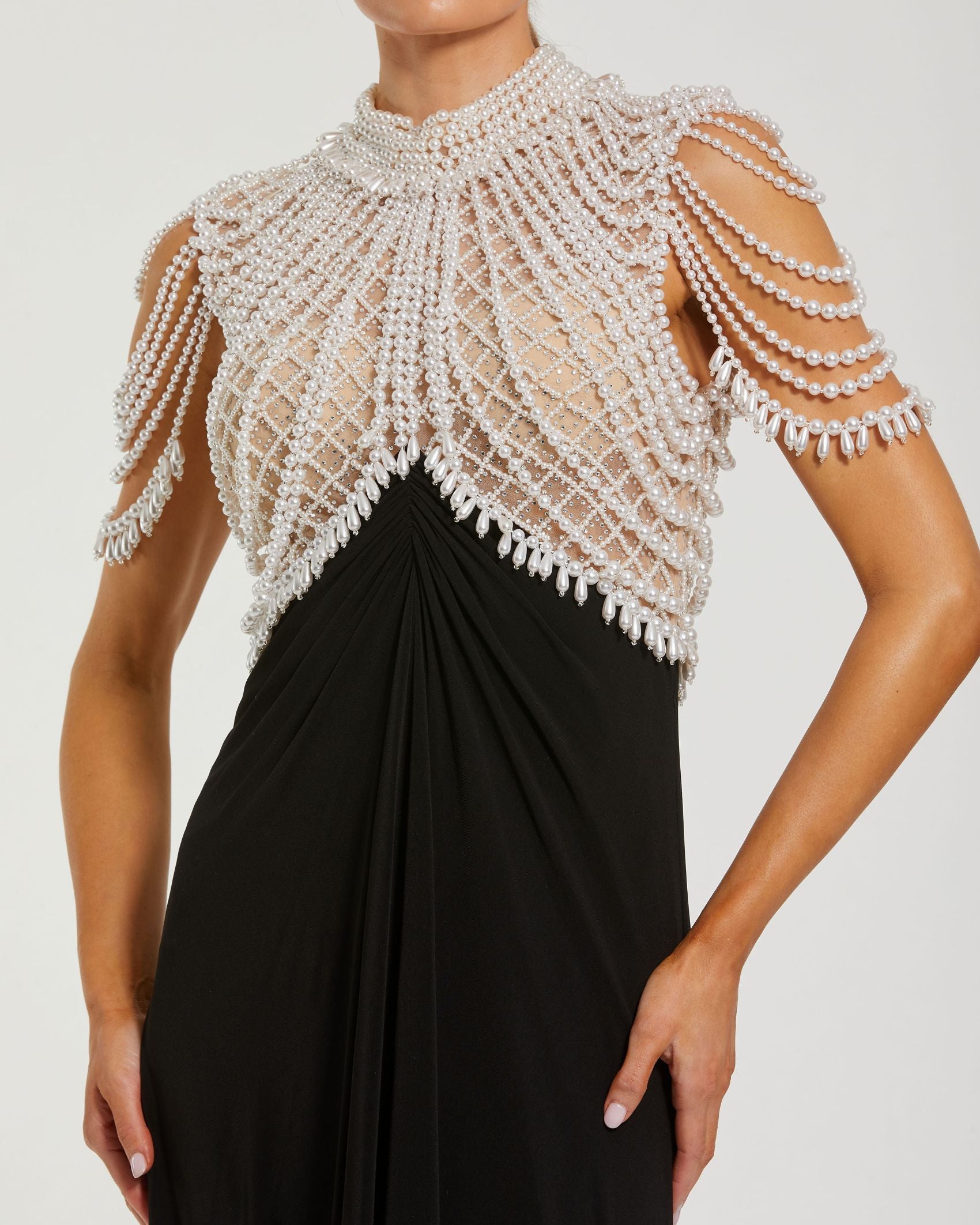 Black Jersey Gown With Draped Pearl Beading Mac Duggal