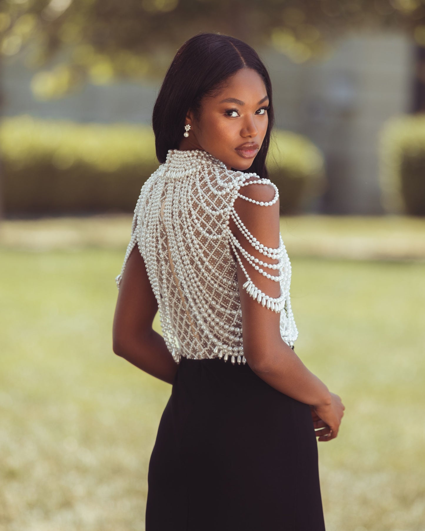 Black Jersey Gown With Draped Pearl Beading Mac Duggal