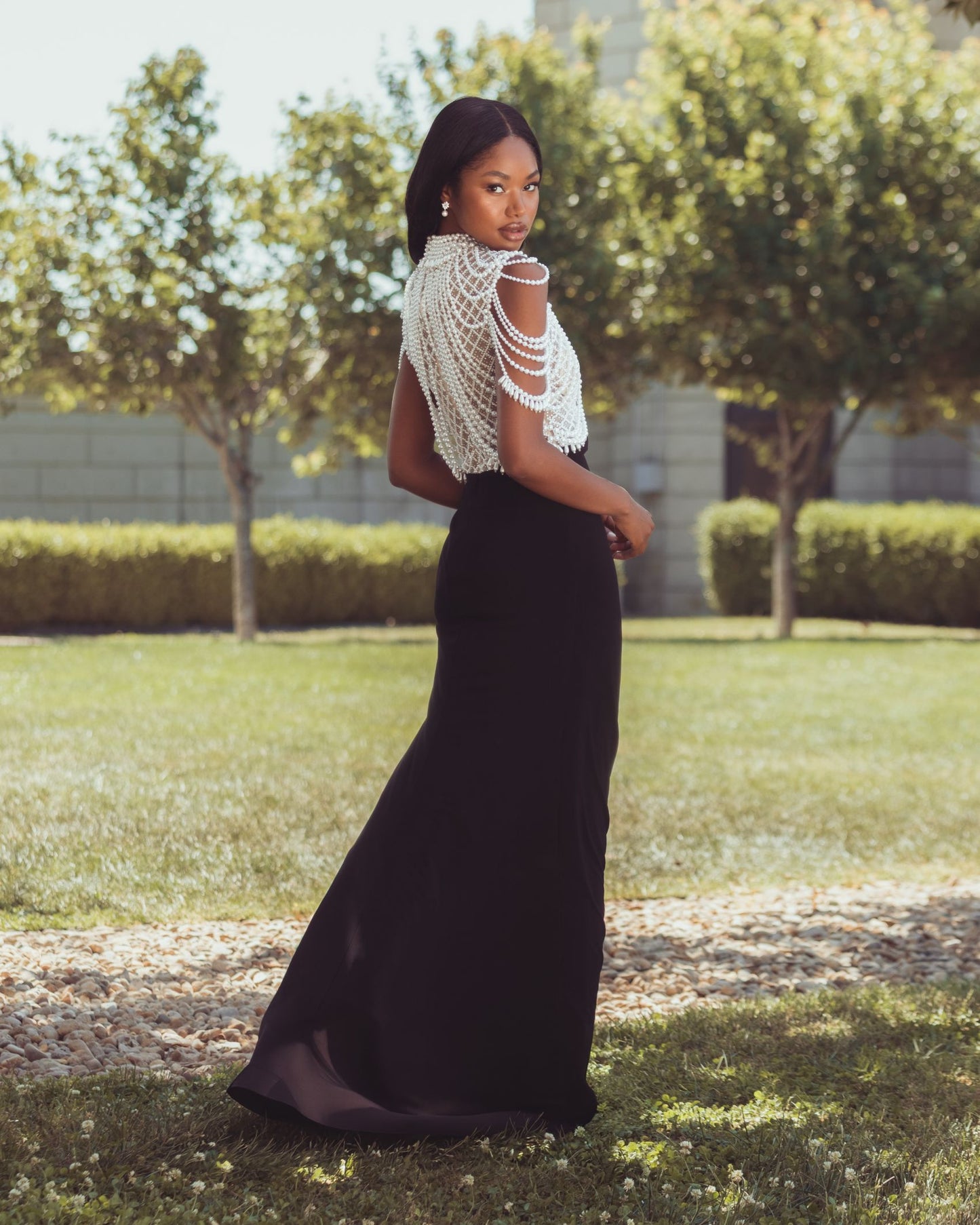 Black Jersey Gown With Draped Pearl Beading Mac Duggal