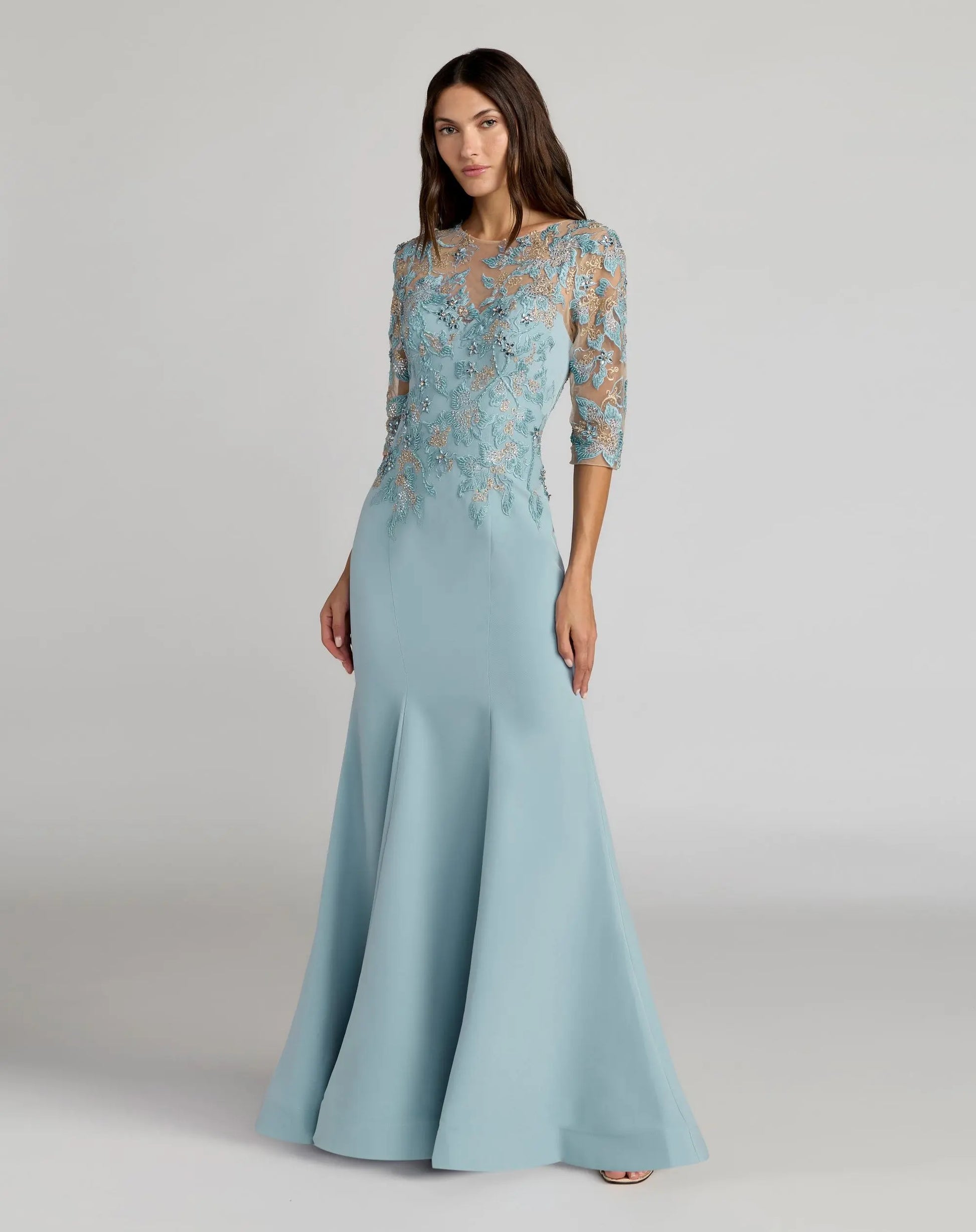 Mac Duggal - Blue Embroidered Crepe Mermaid Gown With 3/4 Sleeves - French Blue / US 6 Mac Duggal - Blue Embroidered Crepe Mermaid Gown With 3/4 Sleeves - French Blue / US 6