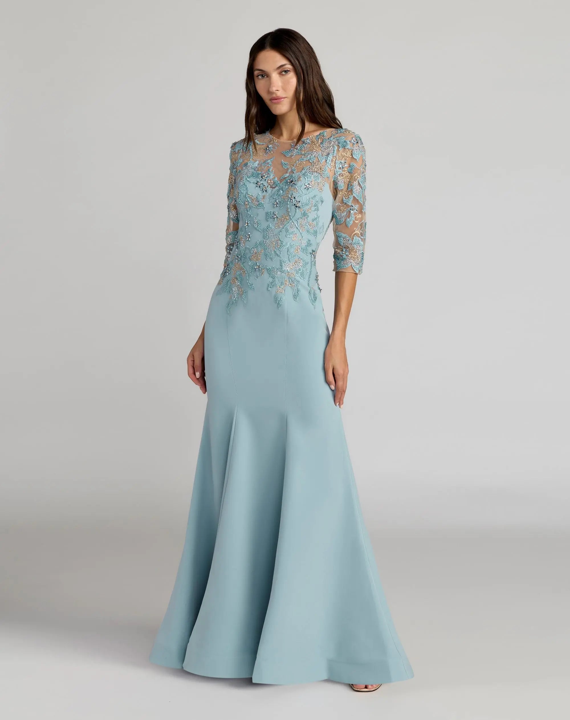 Blue Embroidered Crepe Mermaid Gown With 3/4 Sleeves - Mac Duggal