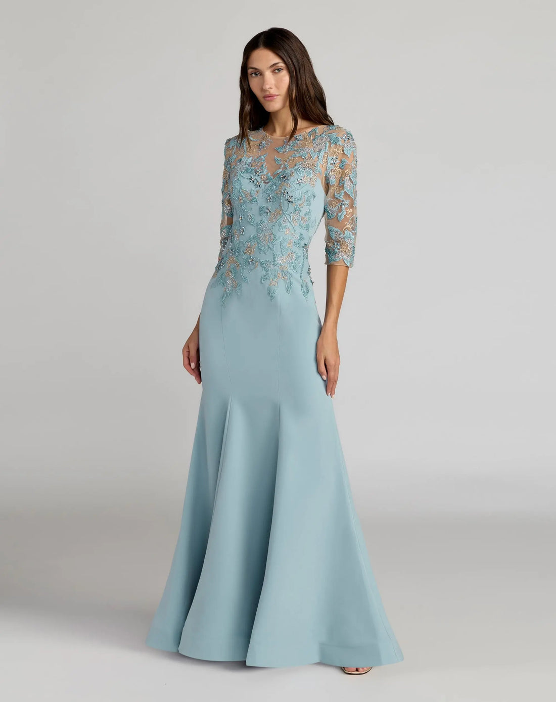 Blue Embroidered Crepe Mermaid Gown With 3/4 Sleeves - Mac Duggal