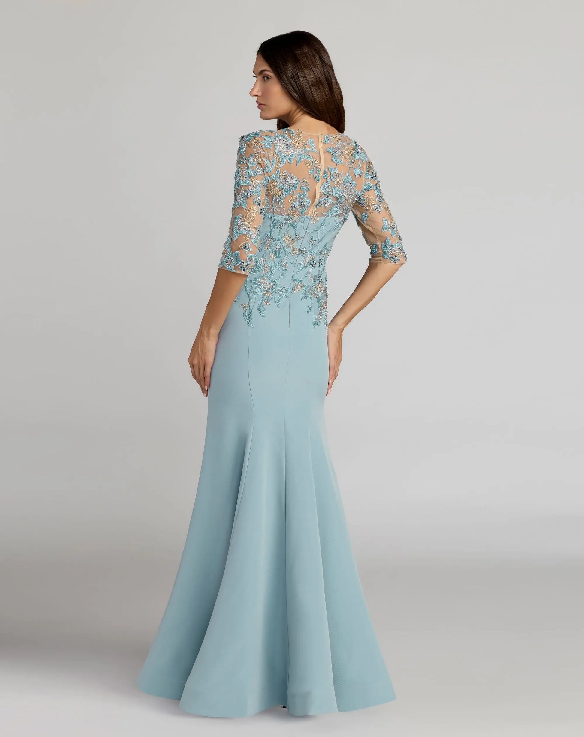 Blue Embroidered Crepe Mermaid Gown With 3/4 Sleeves - Mac Duggal