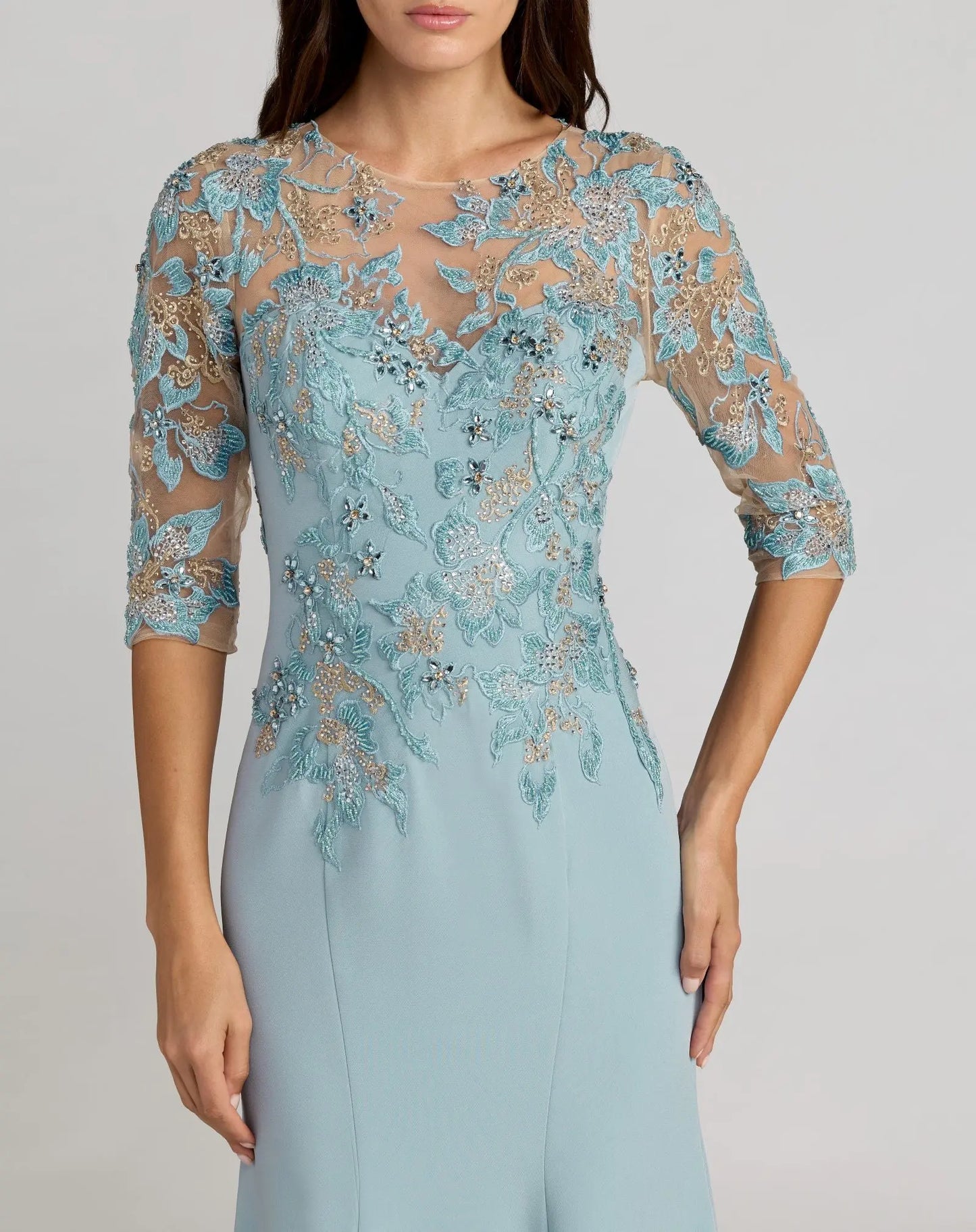 Blue Embroidered Crepe Mermaid Gown With 3/4 Sleeves - Mac Duggal