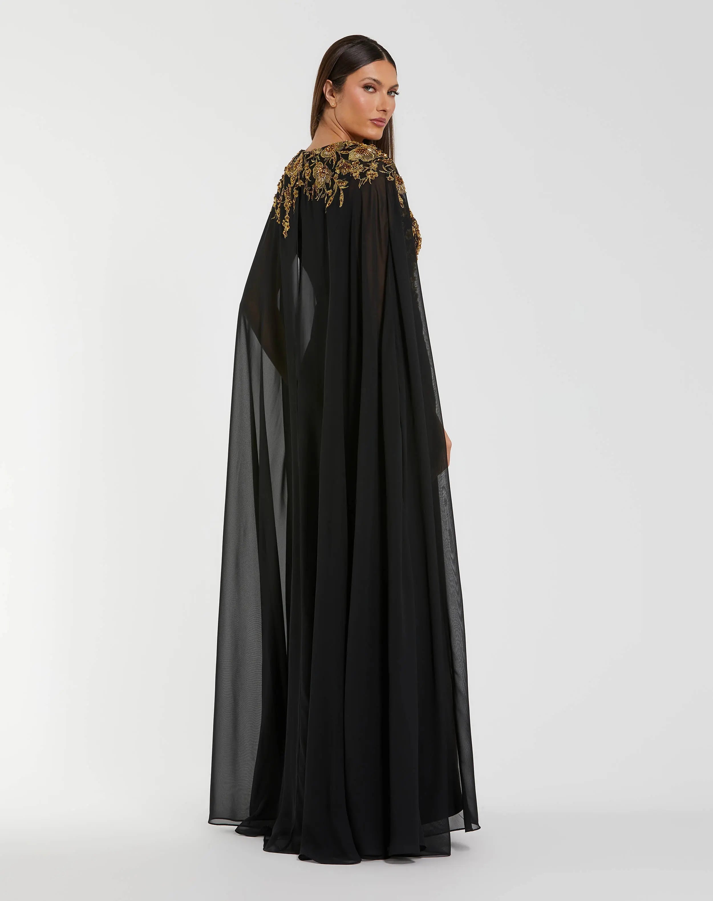 Black and Gold Embellished Column Gown with Chiffon Cape Sleeves - Mac Duggal