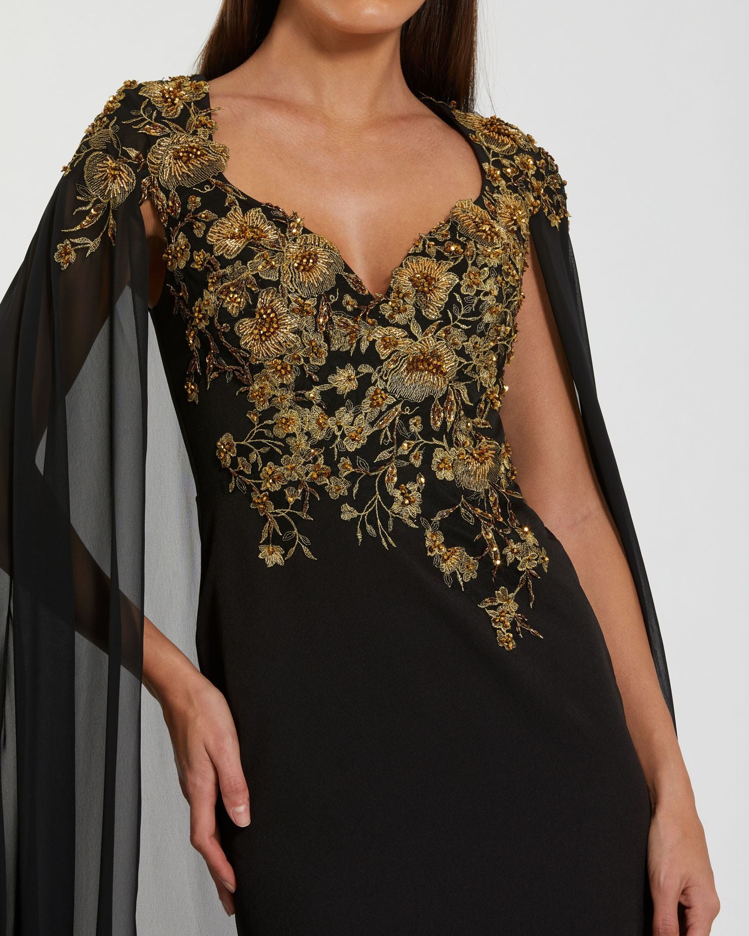 Black and Gold Embellished Column Gown with Chiffon Cape Sleeves Mac Duggal