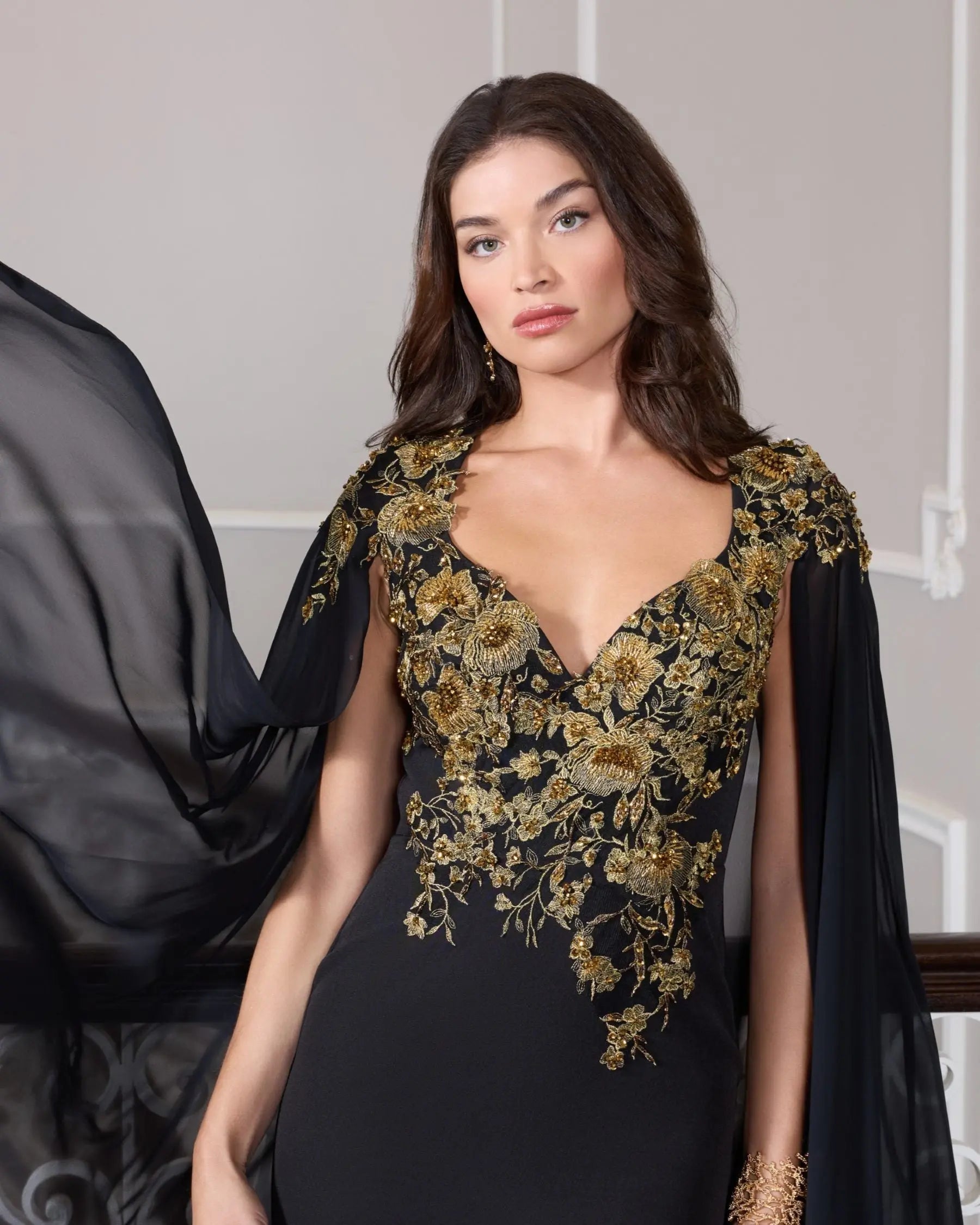 Black and Gold Embellished Column Gown with Chiffon Cape Sleeves - Mac Duggal