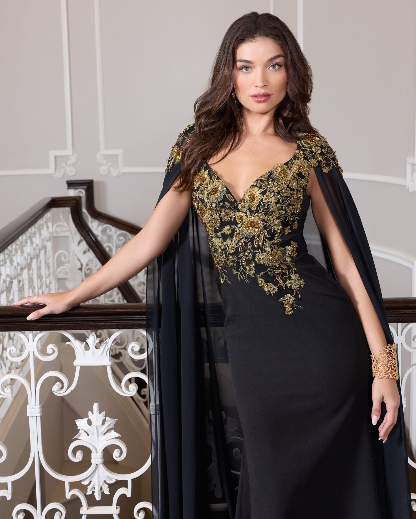 Black and Gold Embellished Column Gown with Chiffon Cape Sleeves Mac Duggal