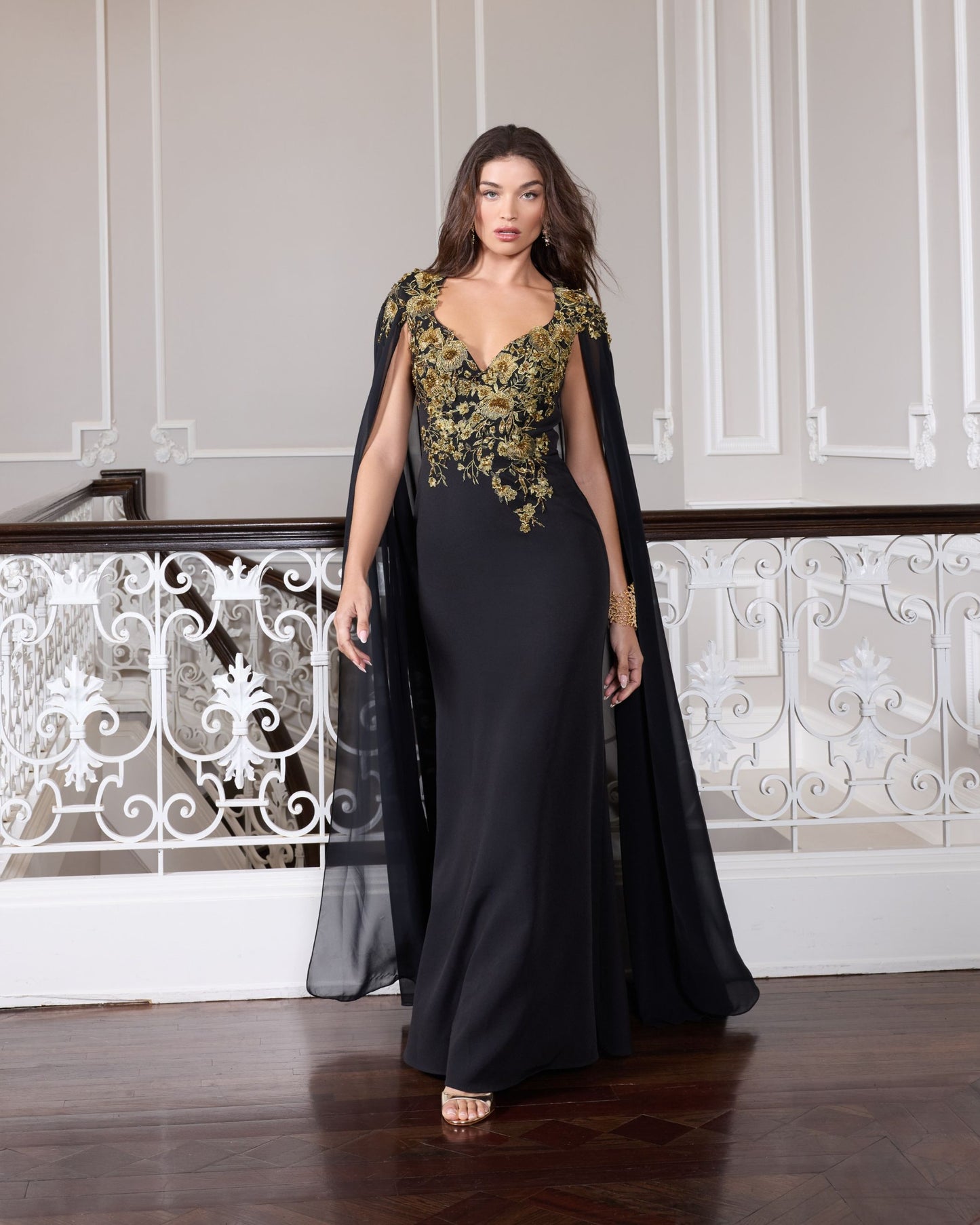 Black and Gold Embellished Column Gown with Chiffon Cape Sleeves - Mac Duggal