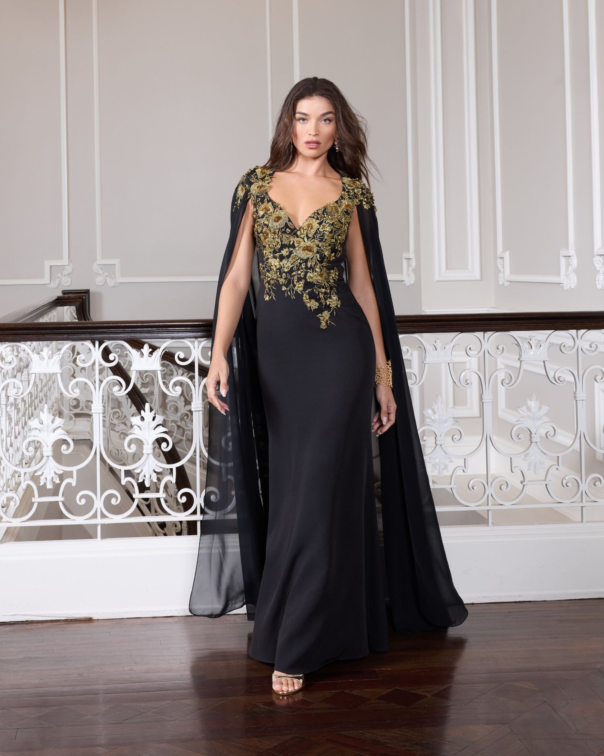 Black and Gold Embellished Column Gown with Chiffon Cape Sleeves - Mac Duggal