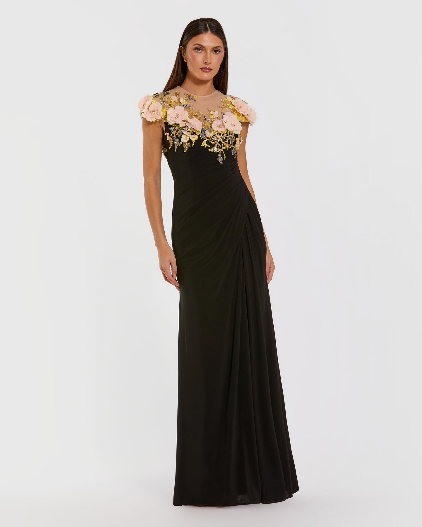 Black Jersey Column Gown With 3D Flower Embellishments Mac Duggal