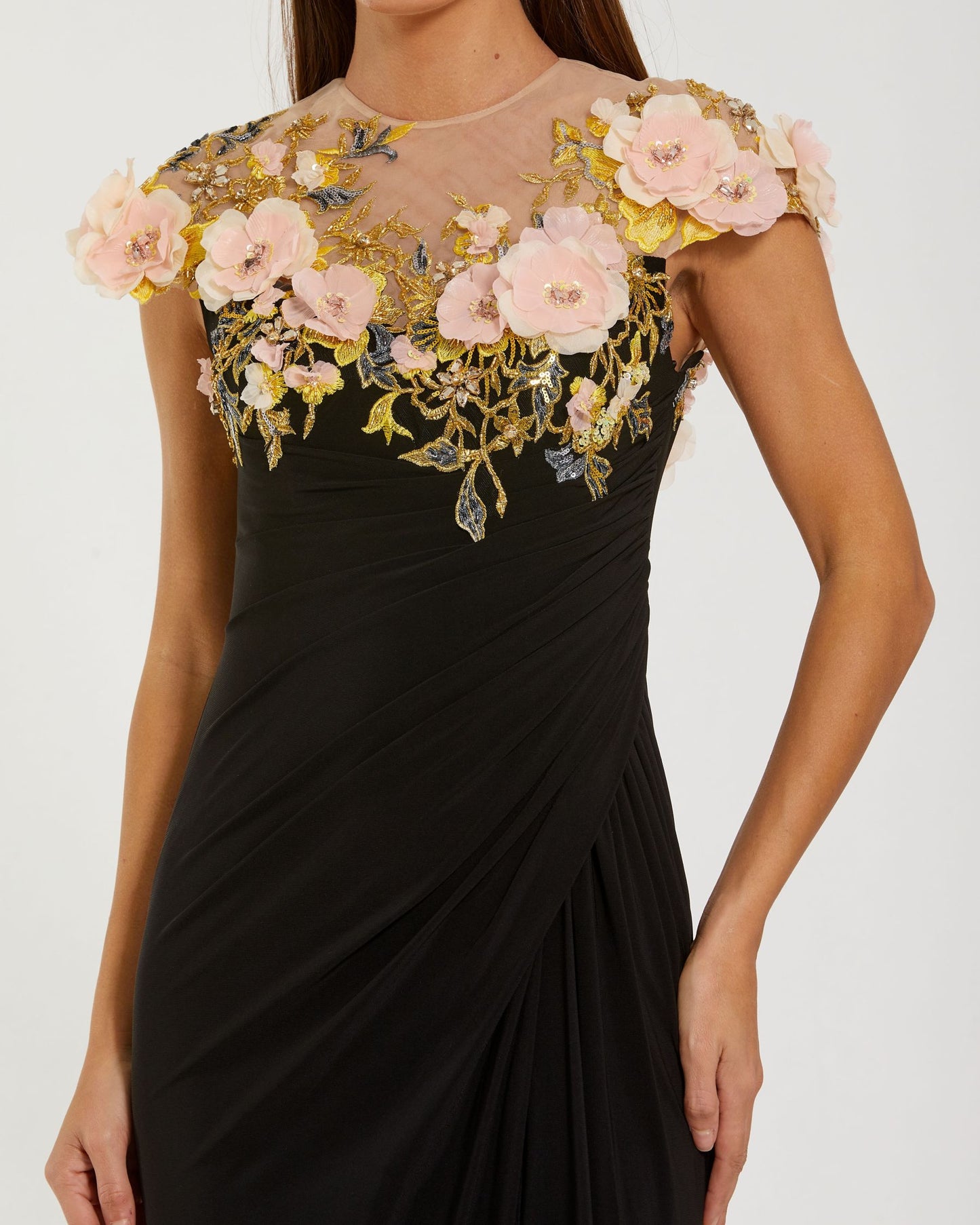 Black Jersey Column Gown With 3D Flower Embellishments Mac Duggal