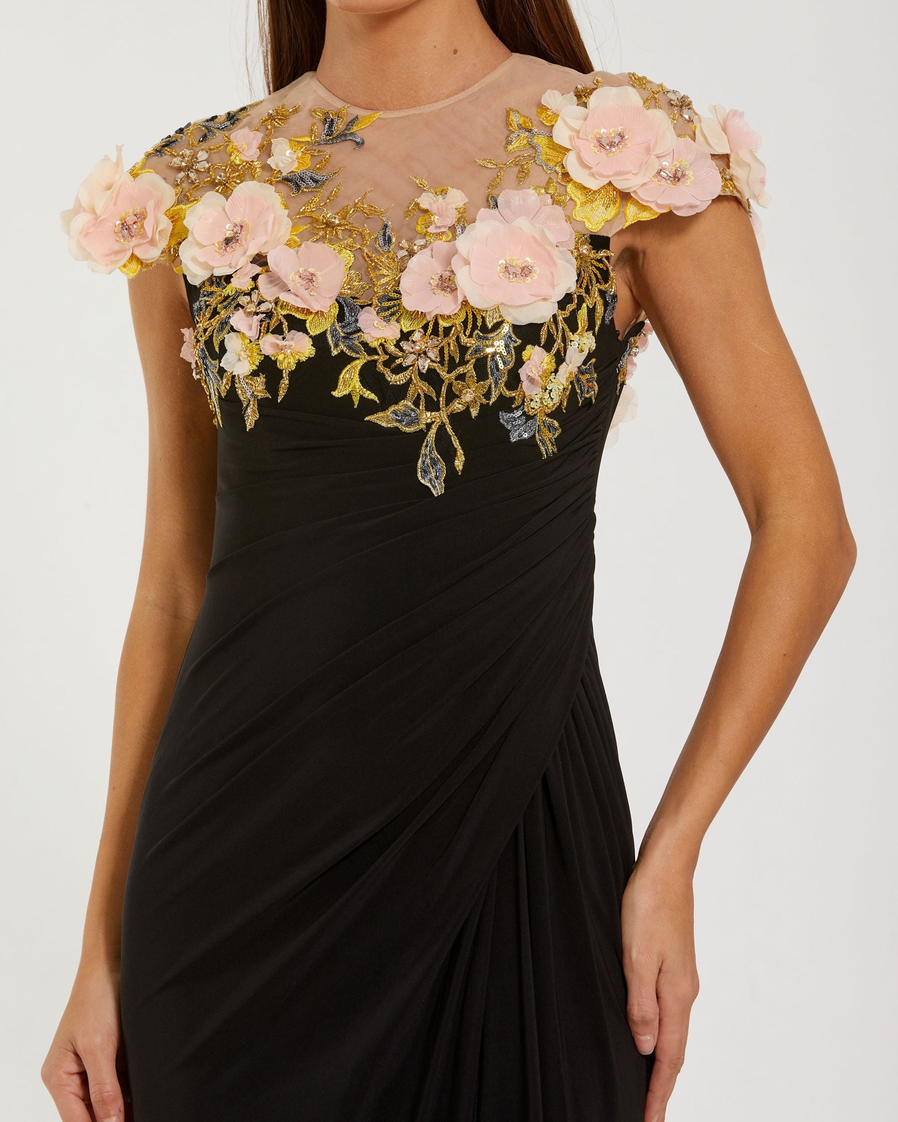 Black Jersey Column Gown With 3D Flower Embellishments Mac Duggal