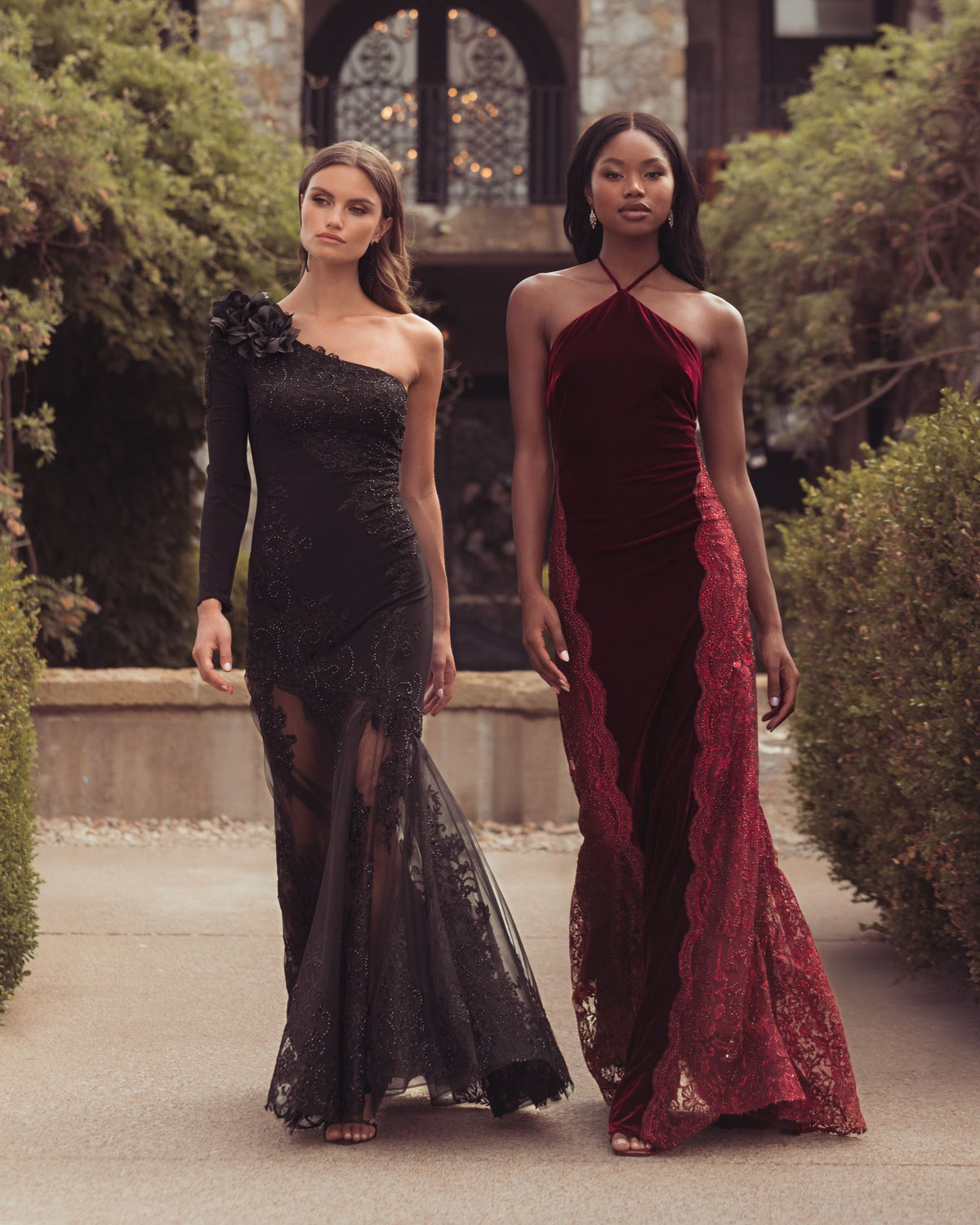 Burgundy Velvet and Lace Halter Column Gown - Mac Duggal