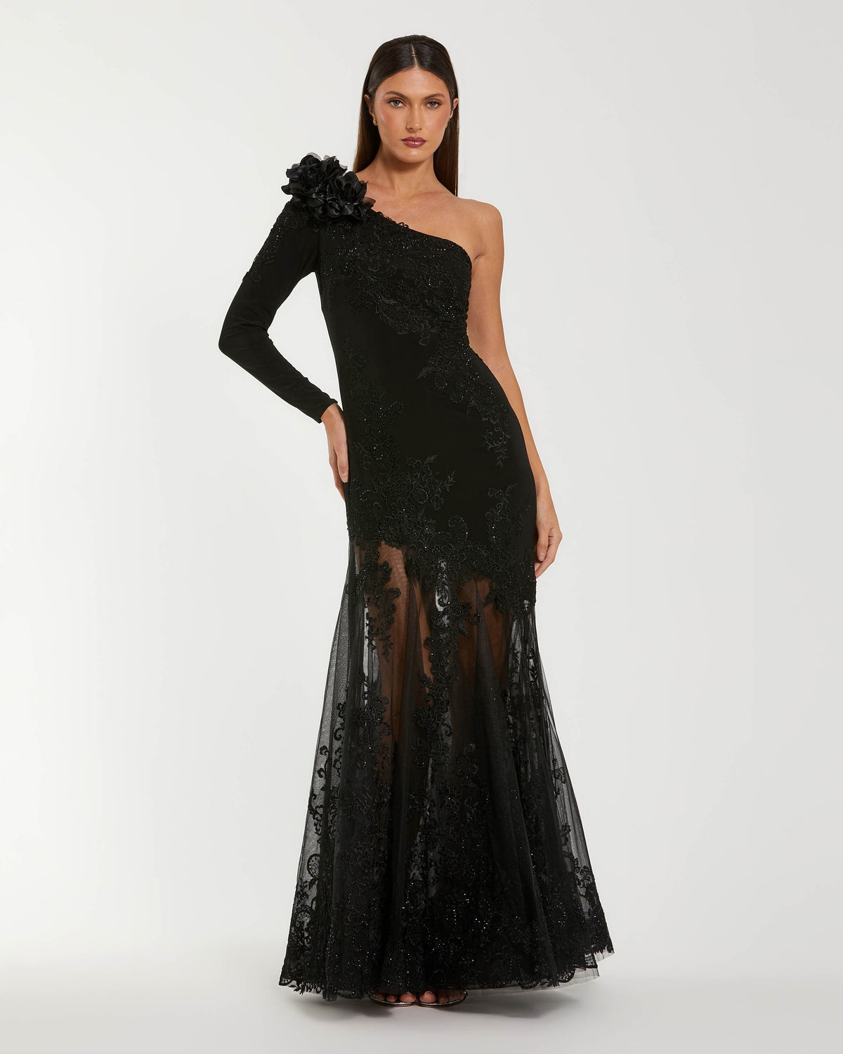Black 3D Floral One Shoulder Mermaid Gown - Mac Duggal