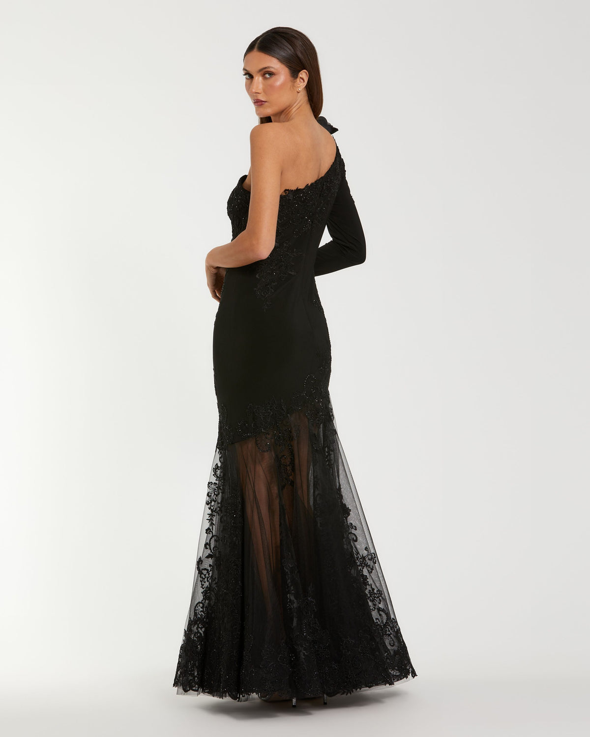 Black 3D Floral One Shoulder Mermaid Gown - Mac Duggal