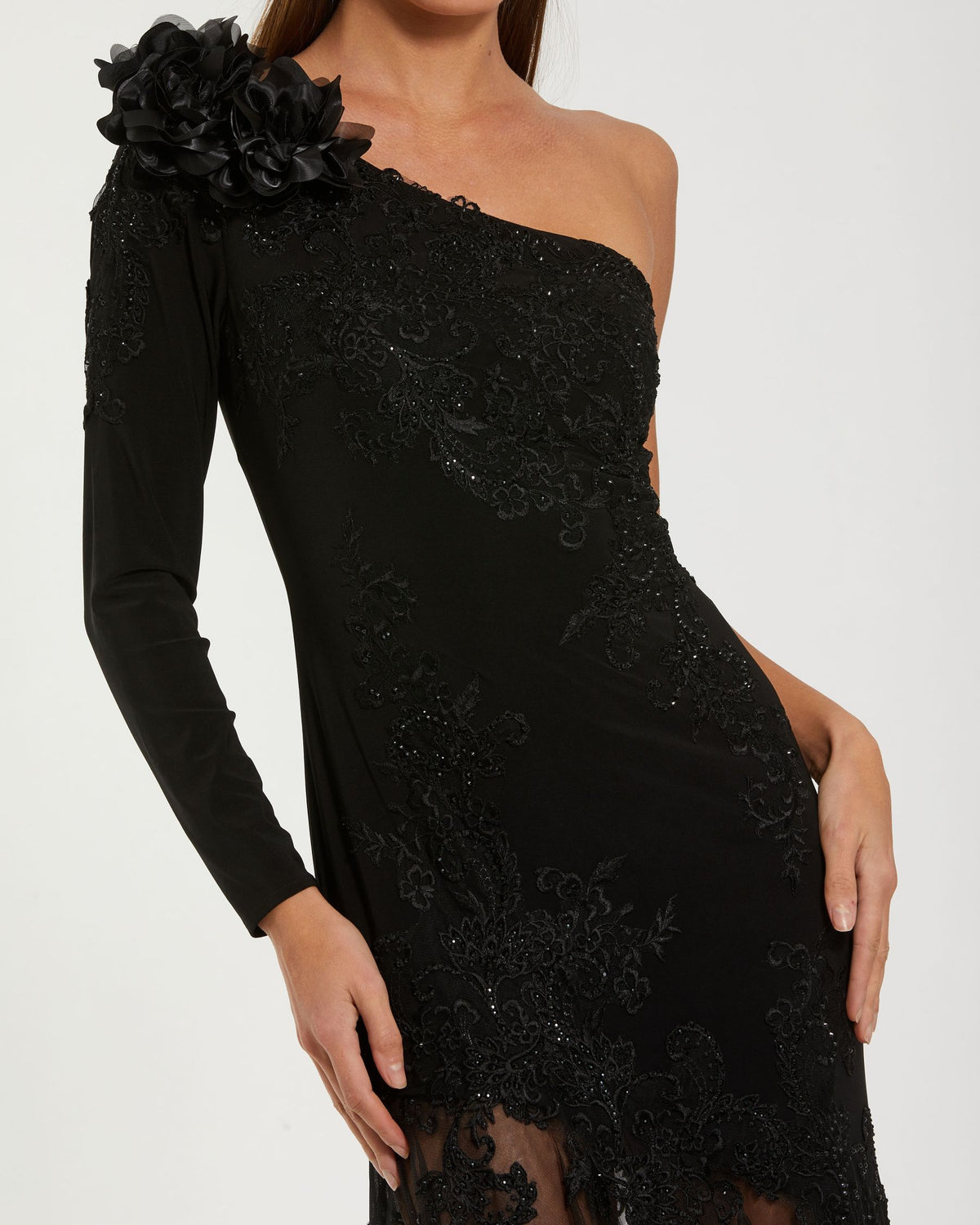 Black 3D Floral One Shoulder Mermaid Gown - Mac Duggal