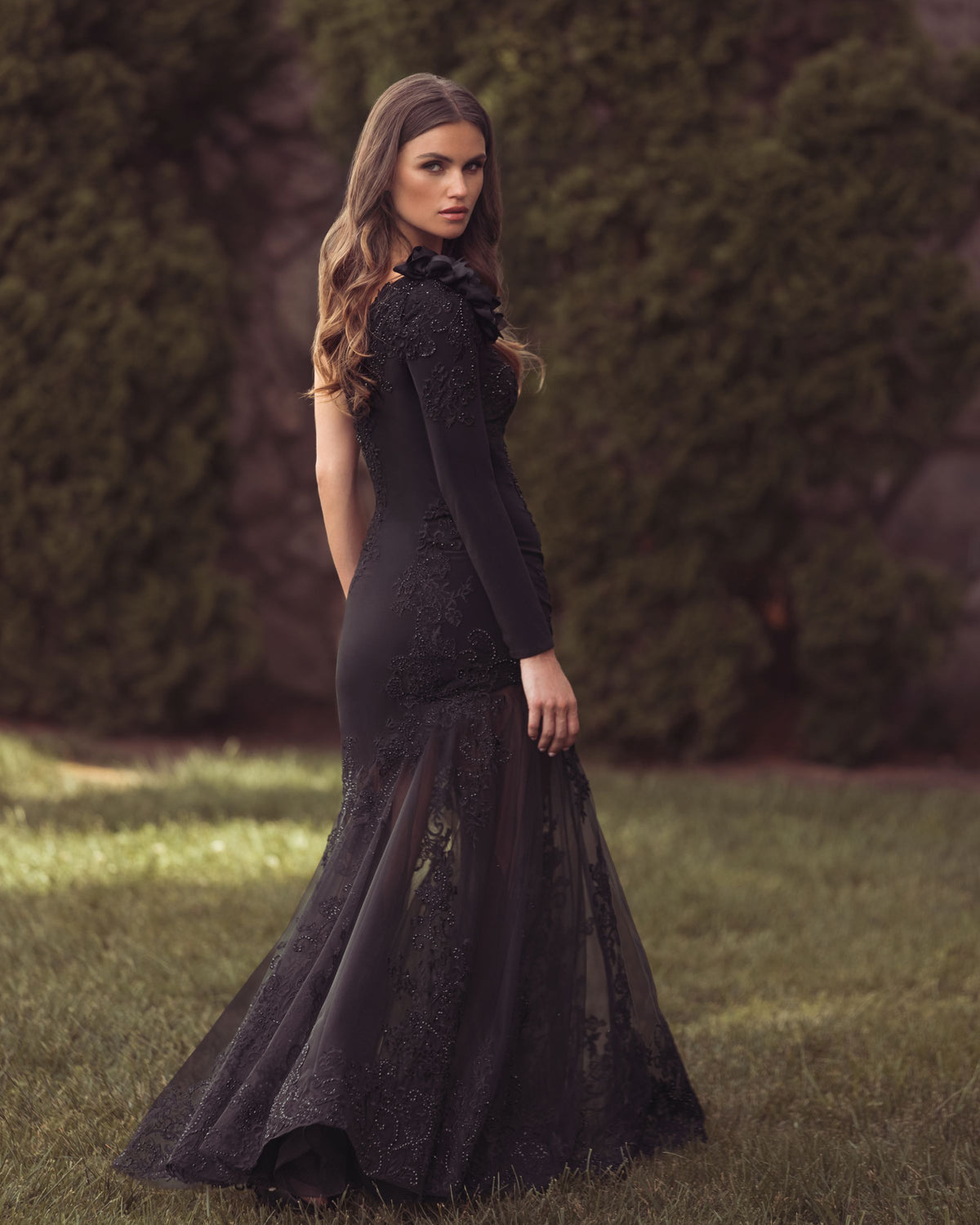 Black 3D Floral One Shoulder Mermaid Gown - Mac Duggal