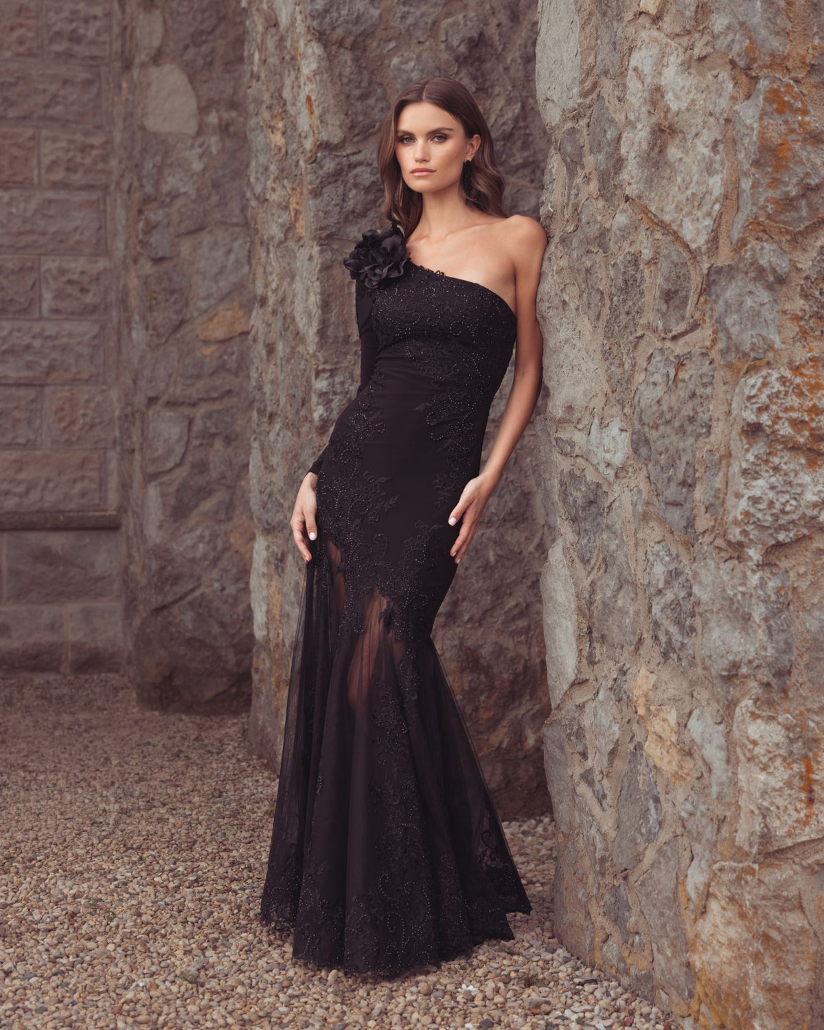Black 3D Floral One Shoulder Mermaid Gown - Mac Duggal