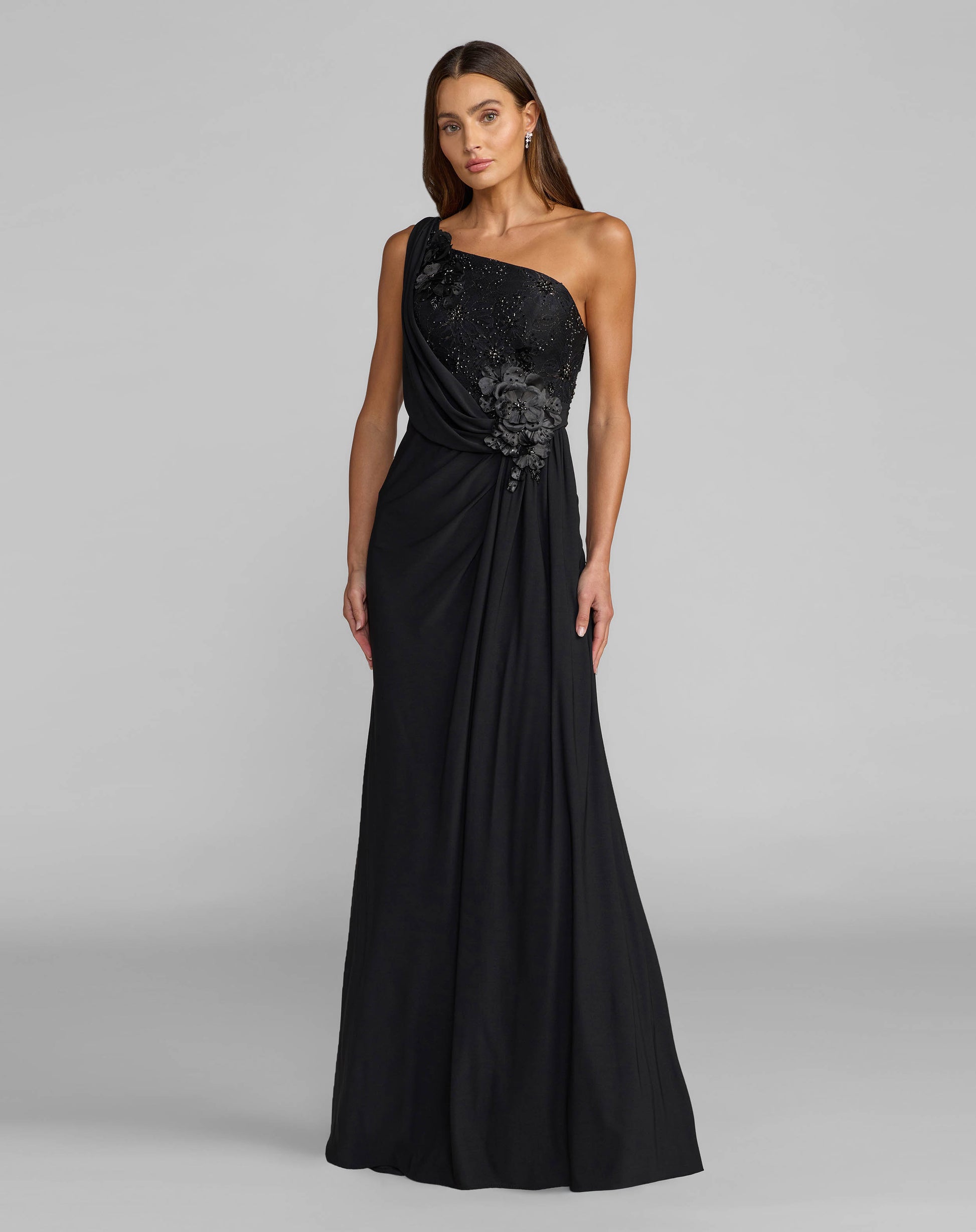 Black One Shoulder Draped Jersey Gown With 3D Flowers Mac Duggal