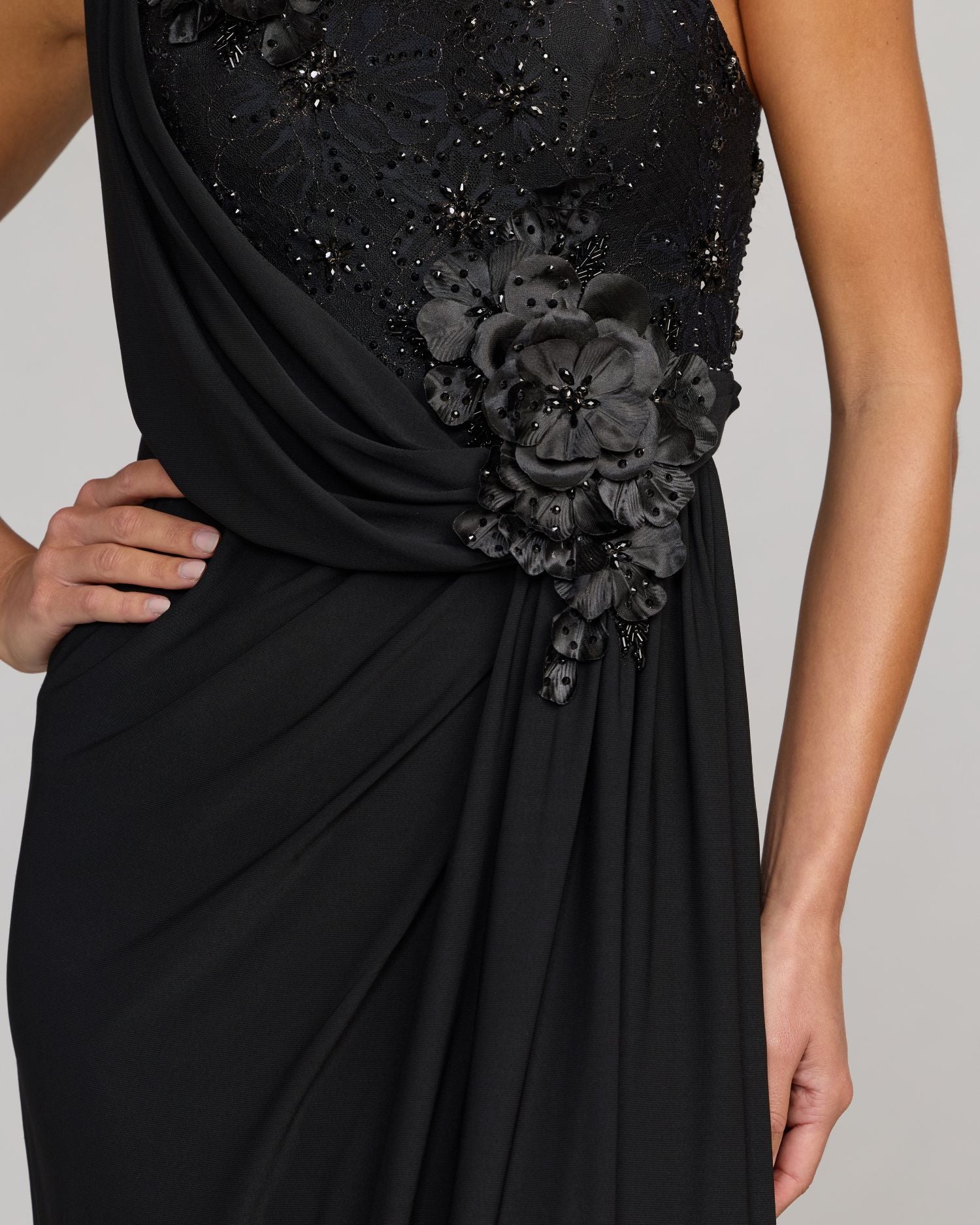 Black One Shoulder Draped Jersey Gown With 3D Flowers Mac Duggal